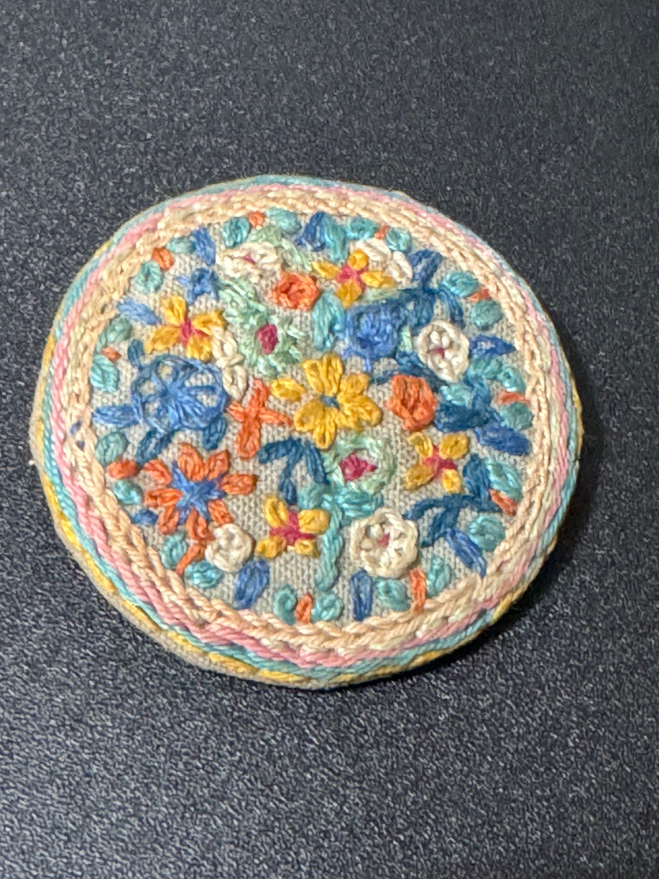 Vintage Petit Point Tapestry Brooch: Handmade Floral Art Deco (4.5cm)