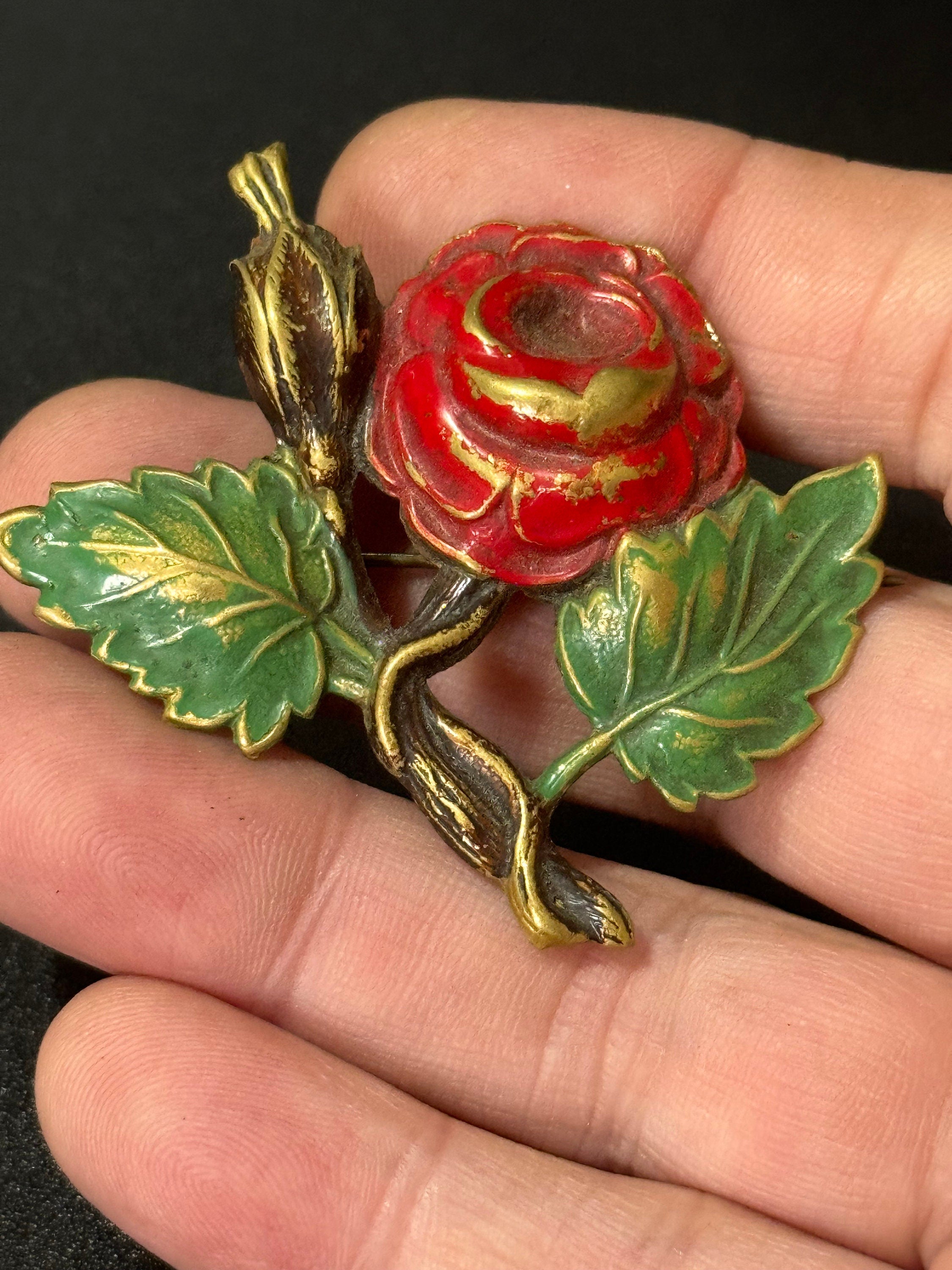 Vintage Stamped brass gold tone red green enamel rose brooch