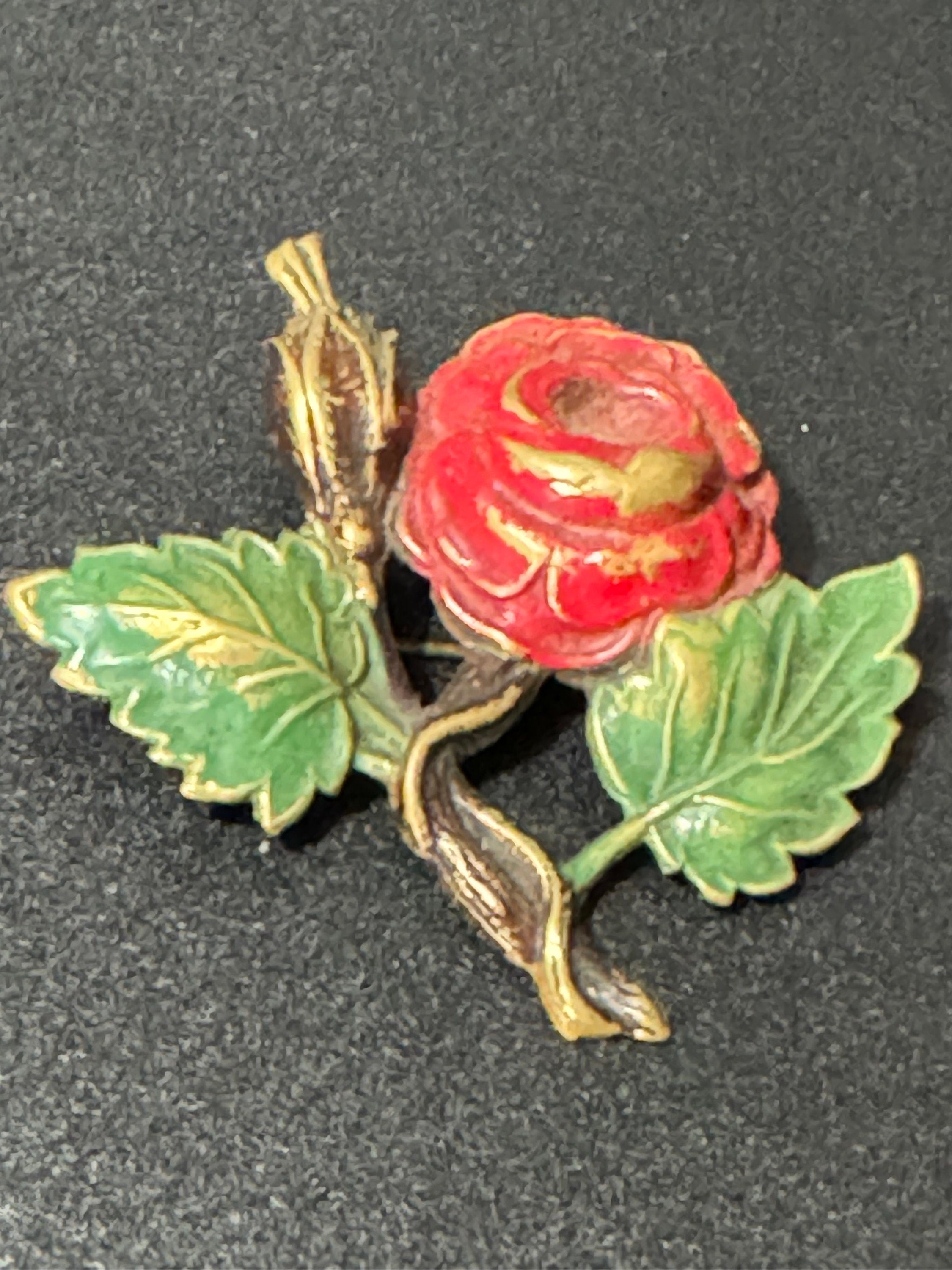 Vintage Stamped brass gold tone red green enamel rose brooch