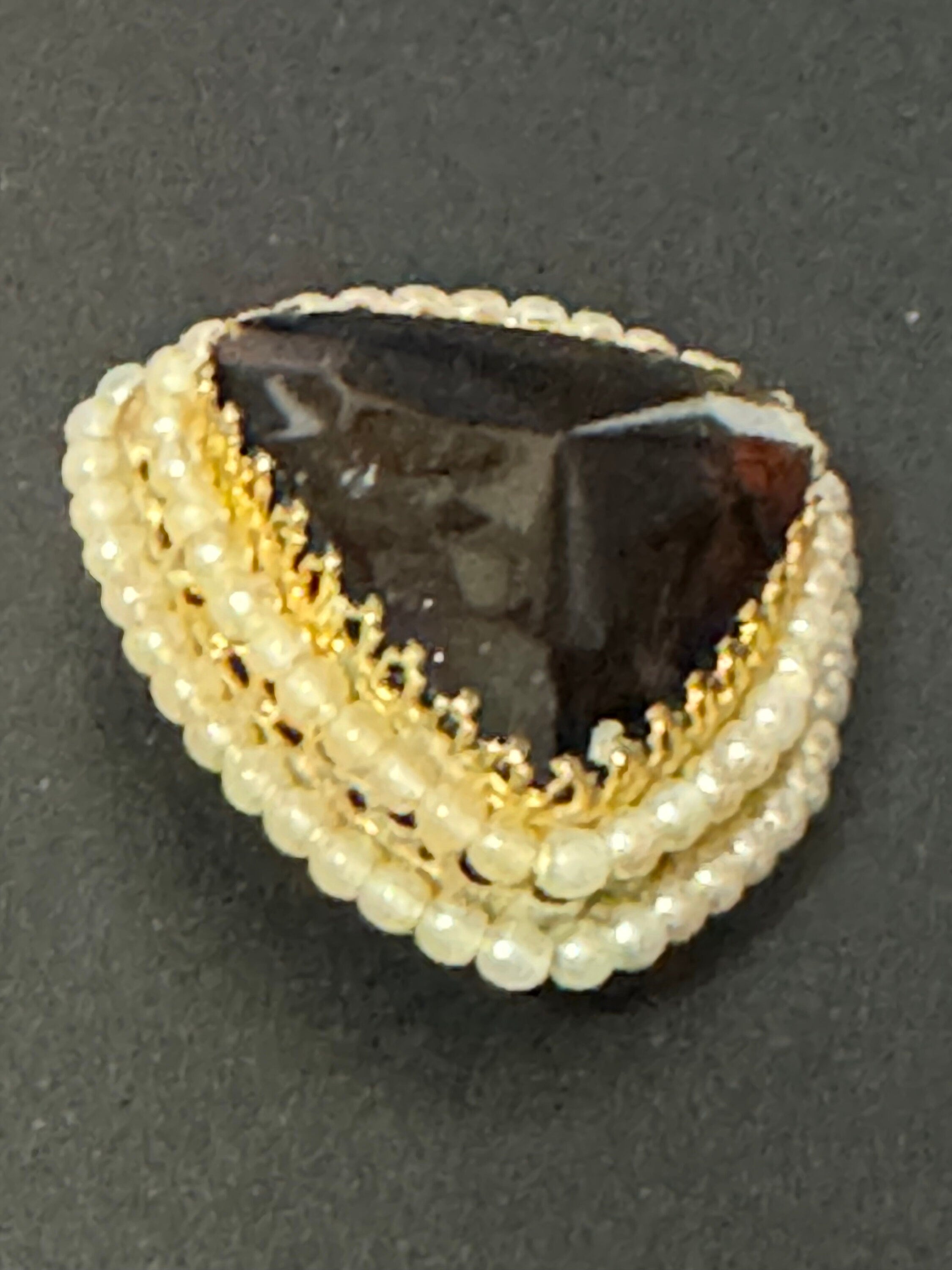 vintage gold tone triangle brown cognac glass brooch with faux seed pearls