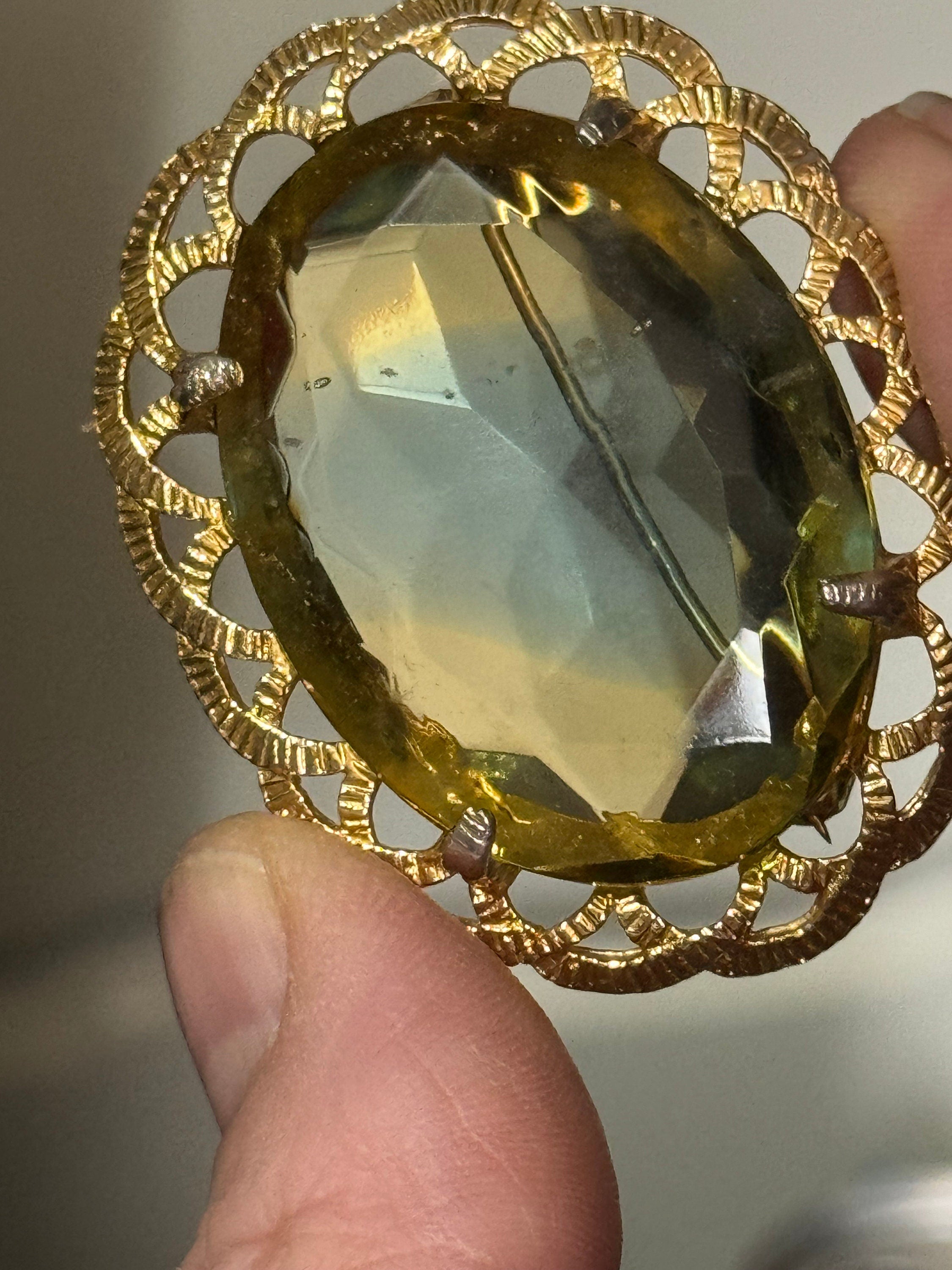 vintage celtic style scottish brooch large orange topaz brown glass