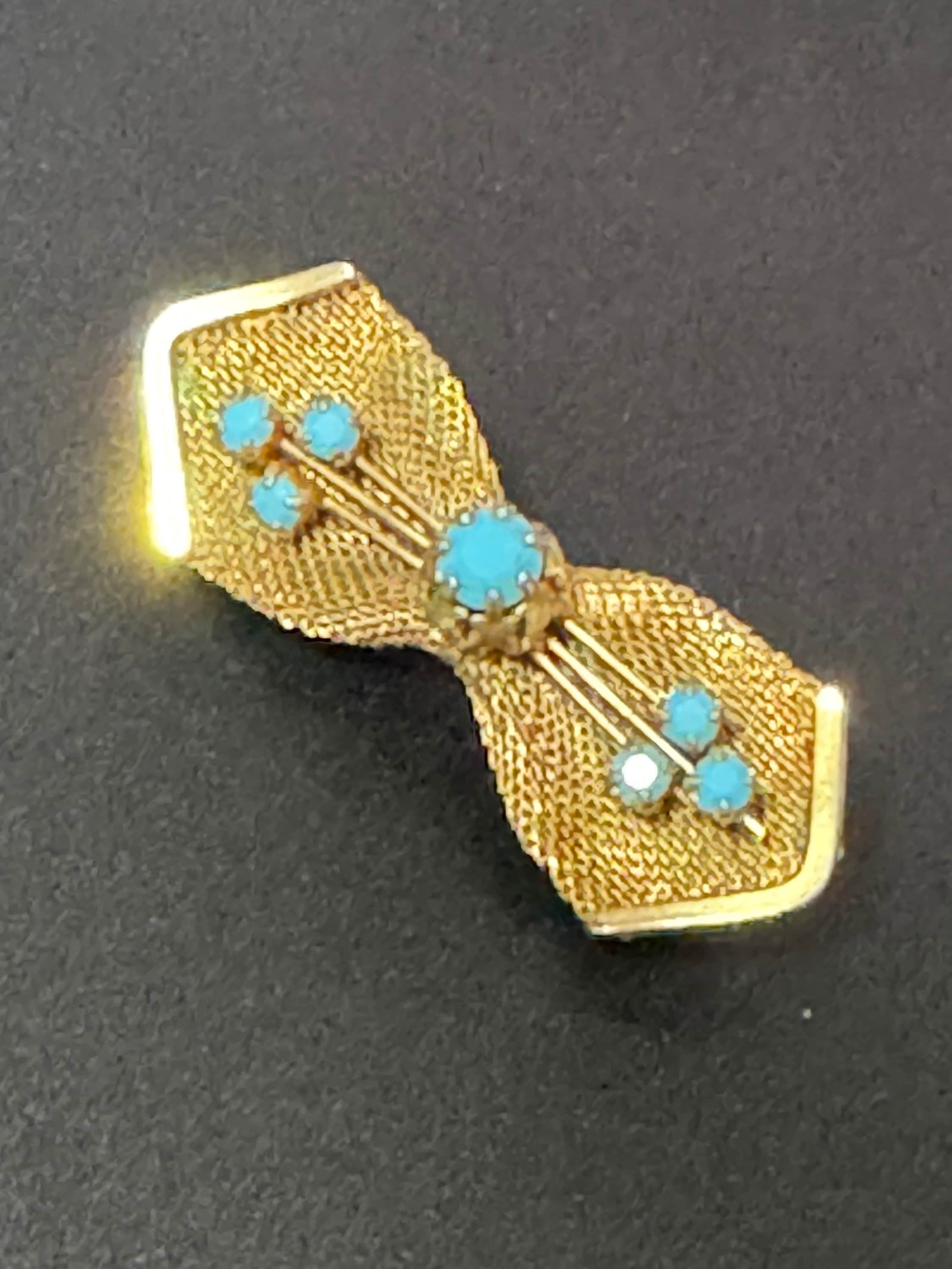 vintage modernist mid century gold tone mesh turquoise beaded abstract bar bow brooch 5cm 1960s 1970s
