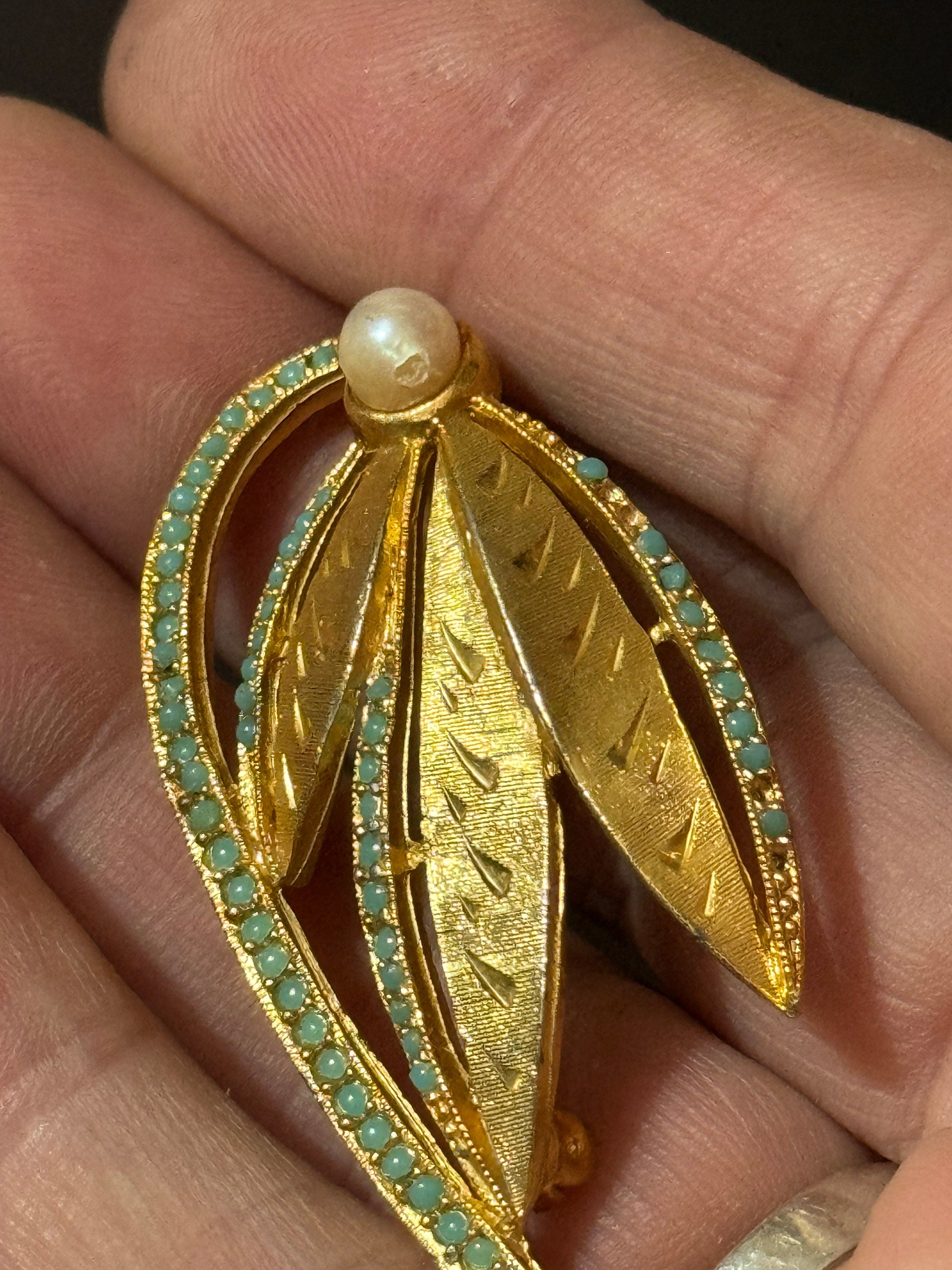 vintage modernist gold tone turquoise nano beaded abstract floral snowdrop brooch