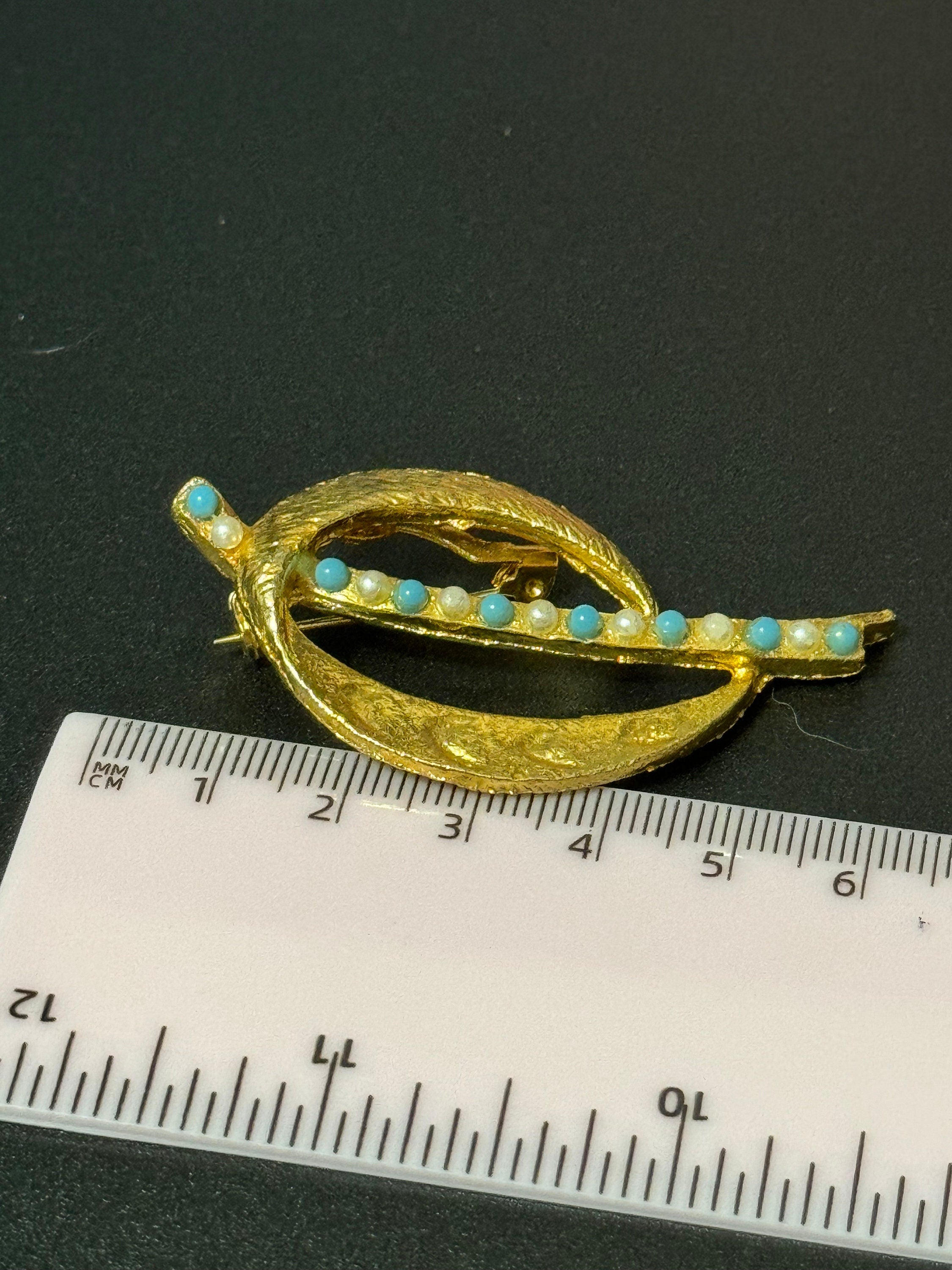 vintage mid century gold tone turquoise faux pearl brooch 1960s