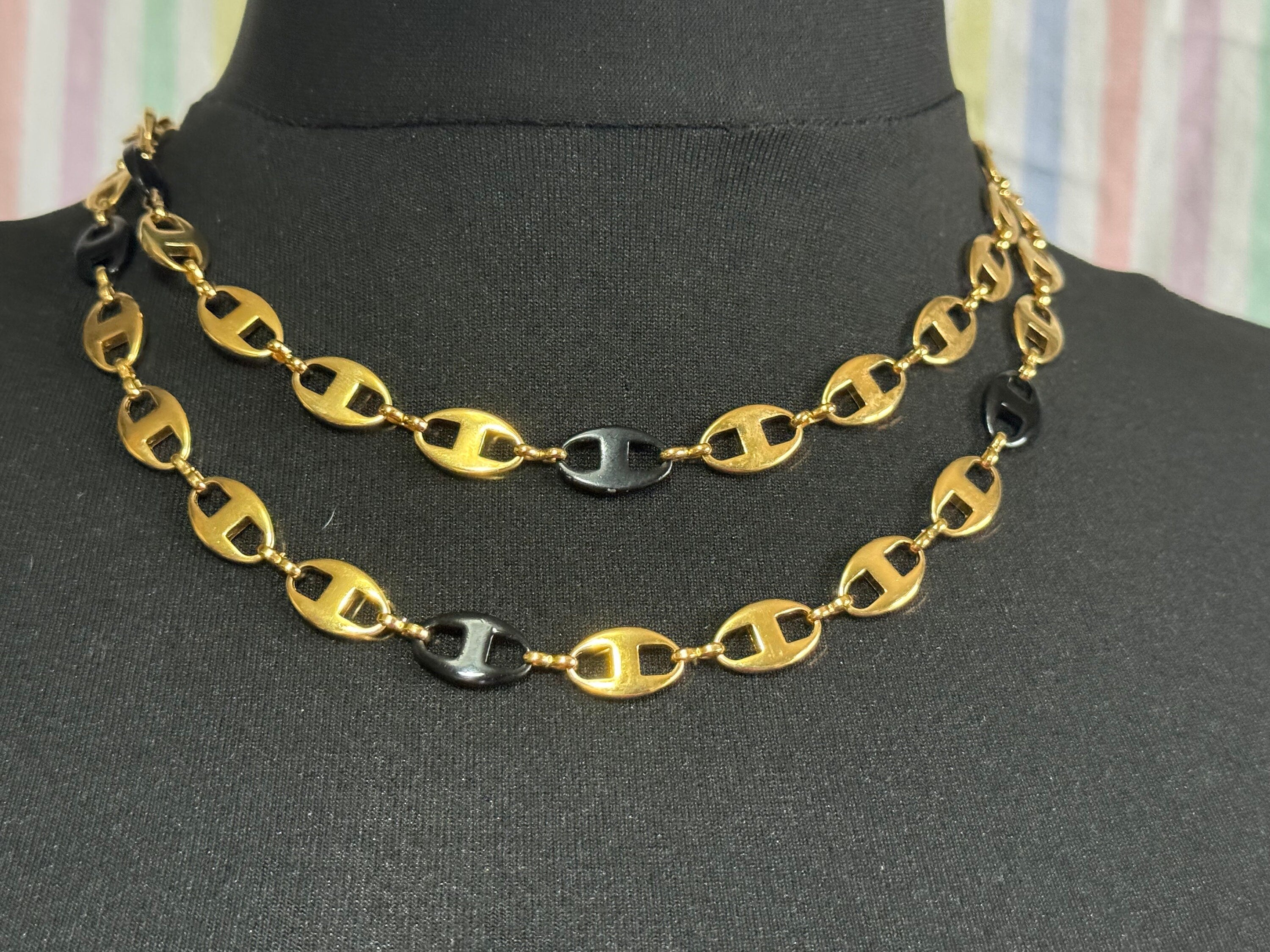Camrose and kross long black and gold plated mariner link chain necklace Jacqueline bouvier Kennedy