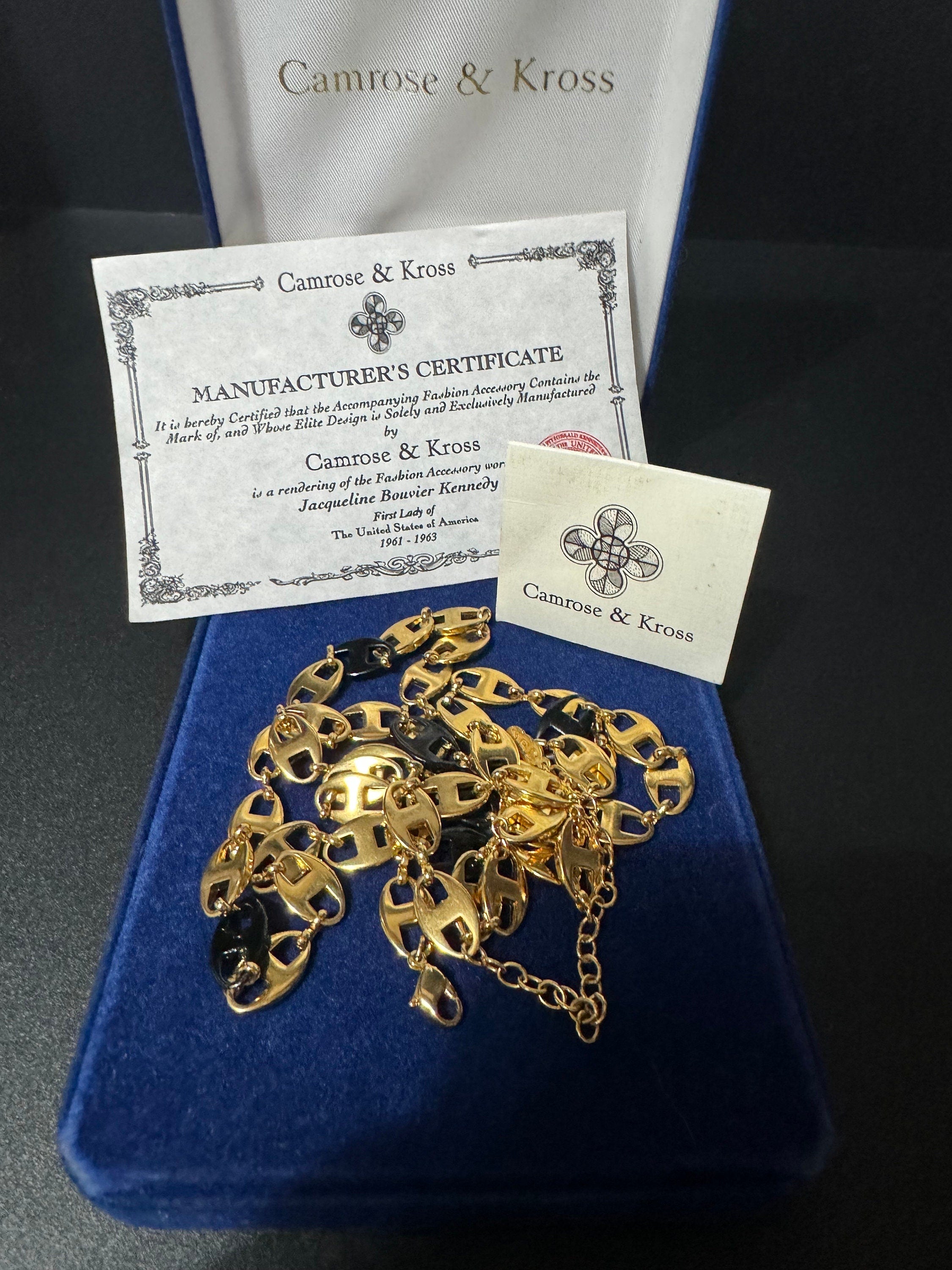 Camrose and kross long black and gold plated mariner link chain necklace Jacqueline bouvier Kennedy