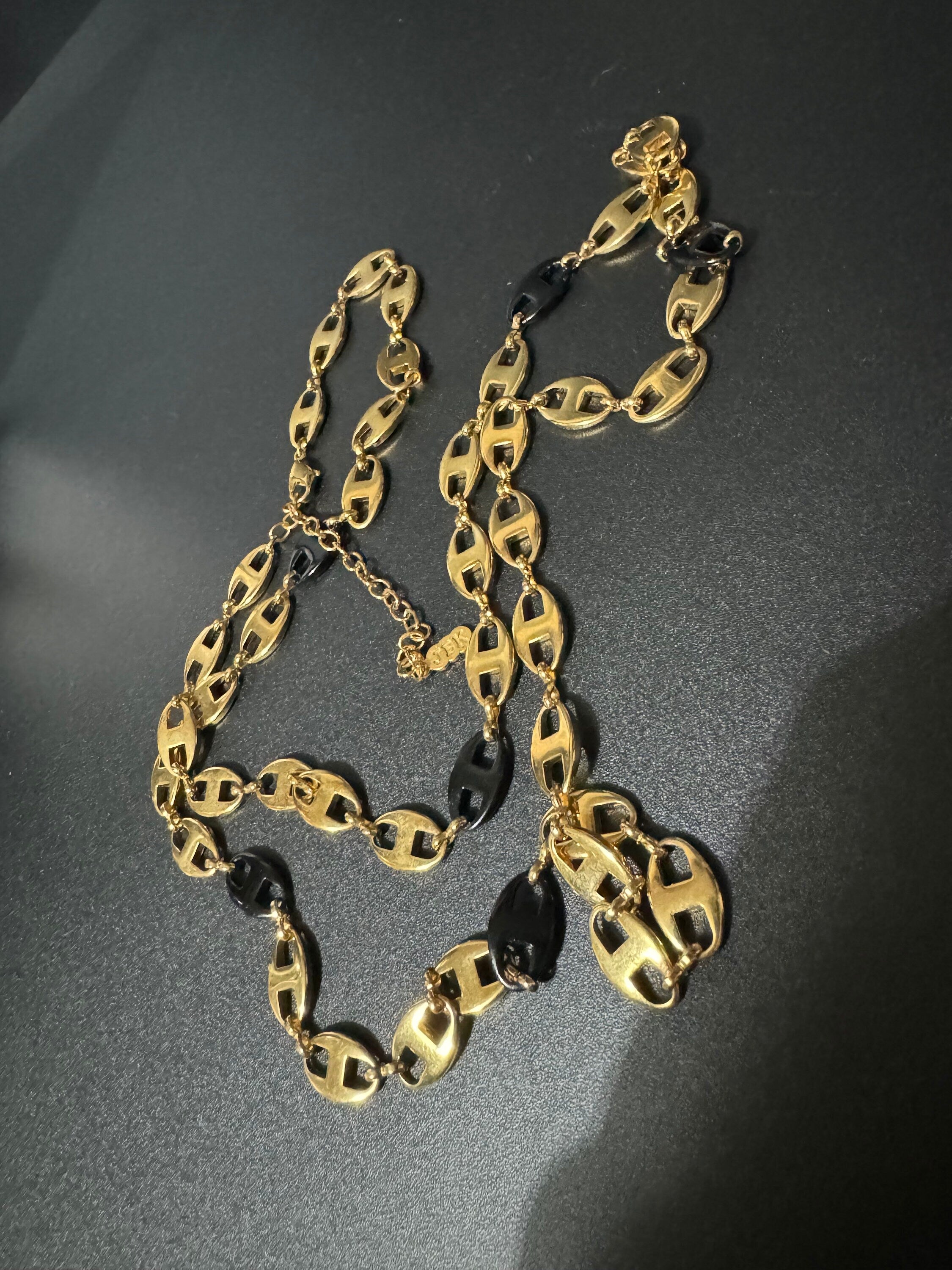 Camrose and kross long black and gold plated mariner link chain necklace Jacqueline bouvier Kennedy