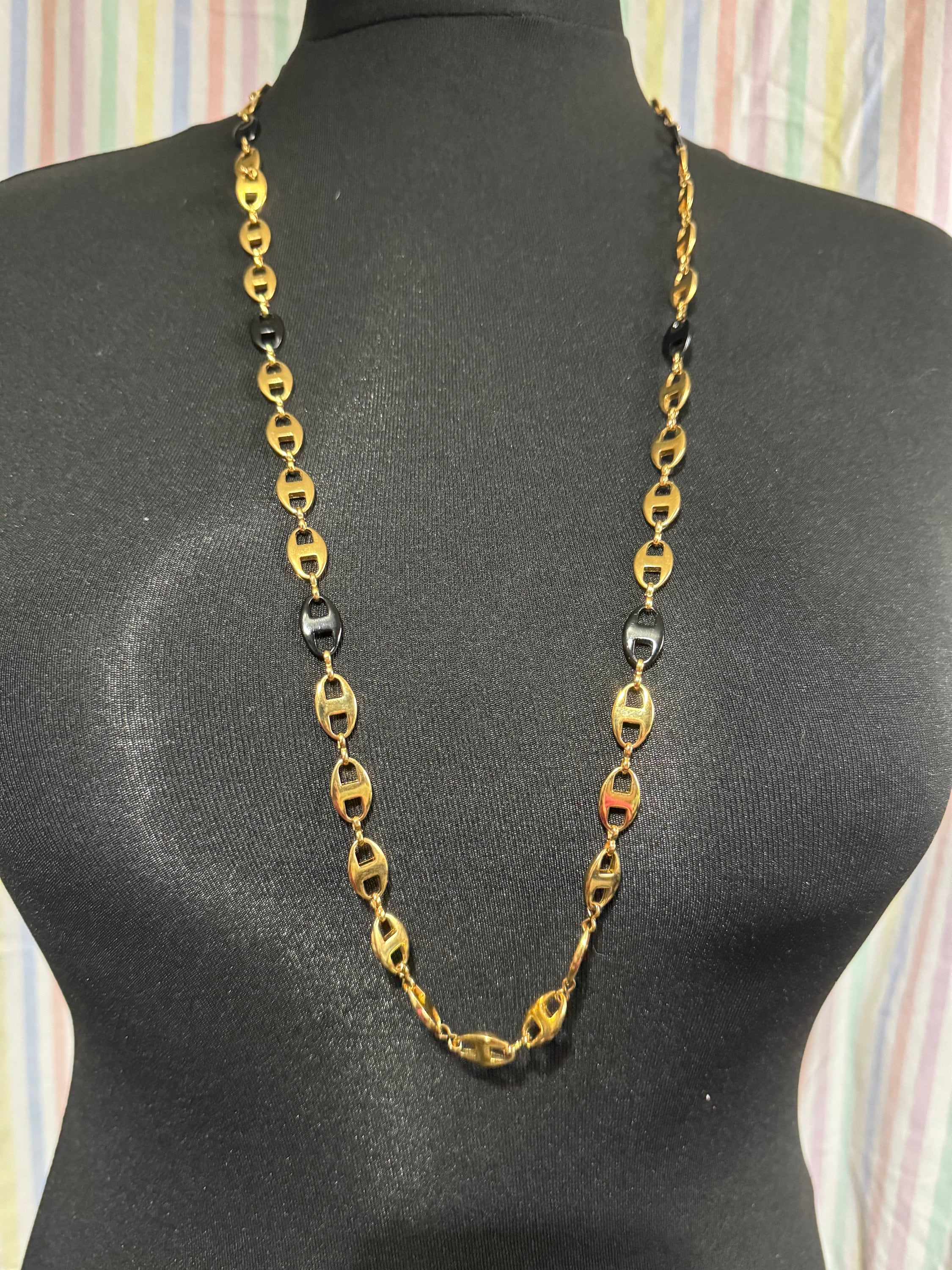 Camrose and kross long black and gold plated mariner link chain necklace Jacqueline bouvier Kennedy