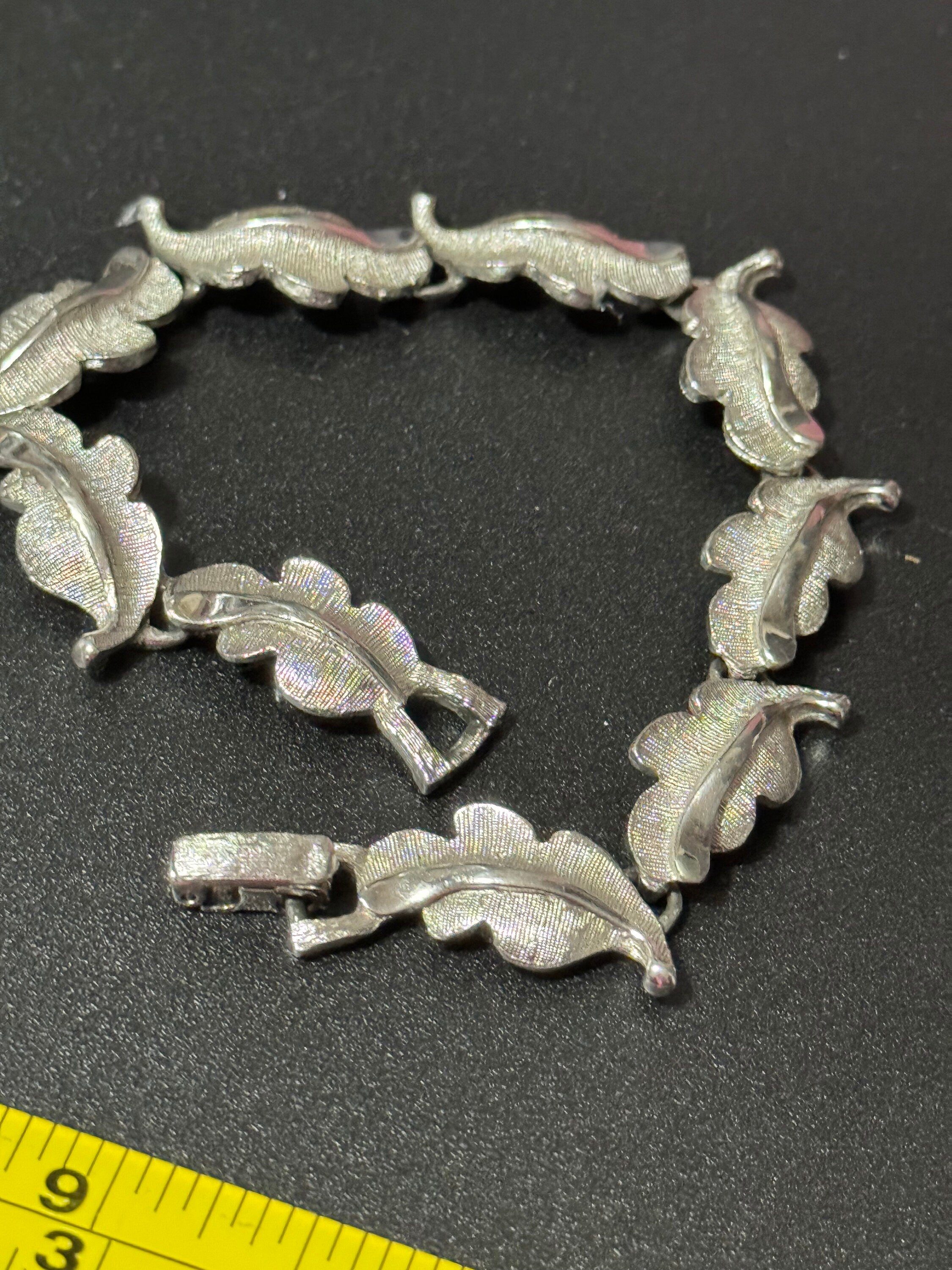 Signed Judy Lee vintage Silver tone leaf bracelet panel link mid century