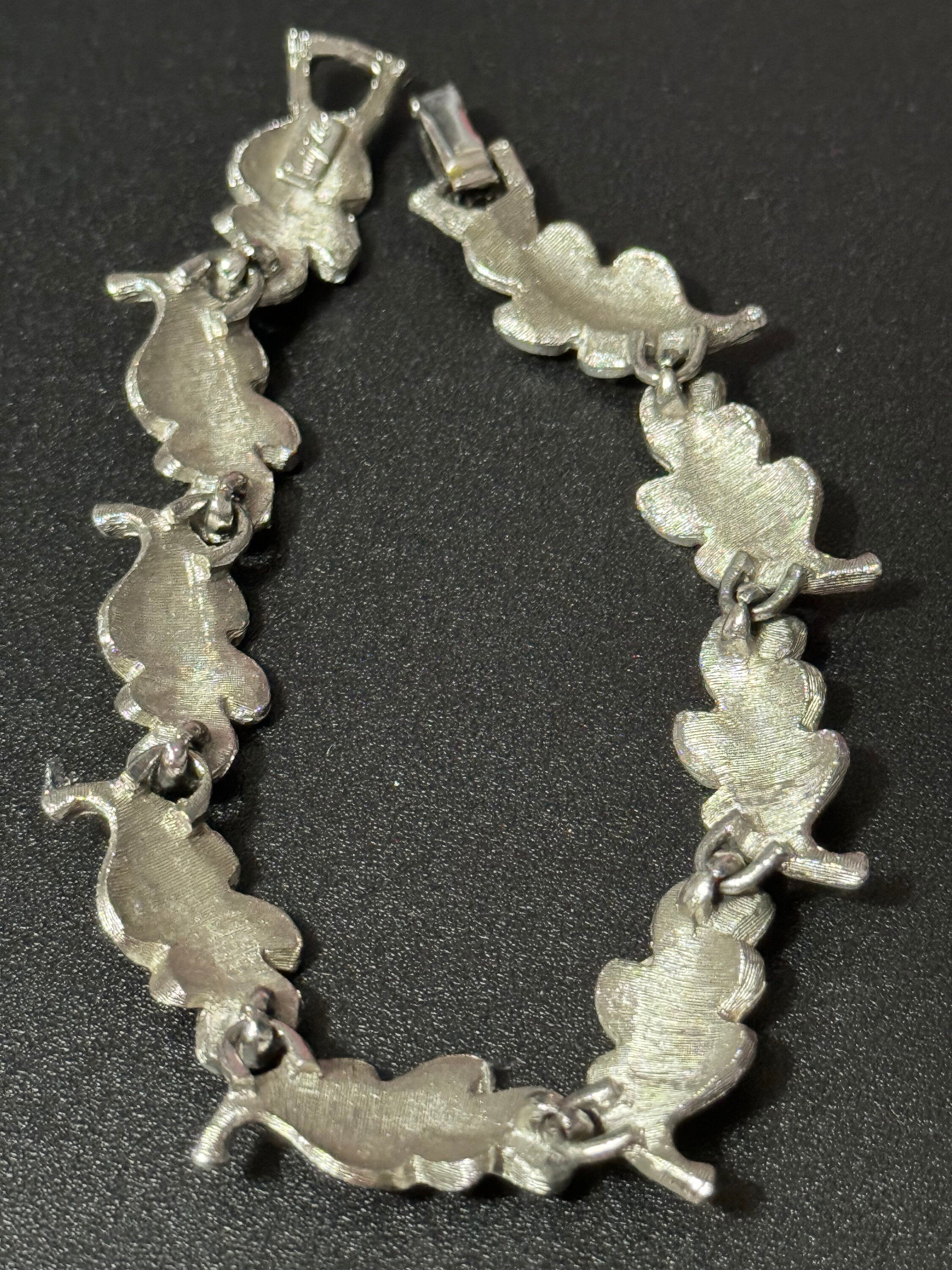 Signed Judy Lee vintage Silver tone leaf bracelet panel link mid century