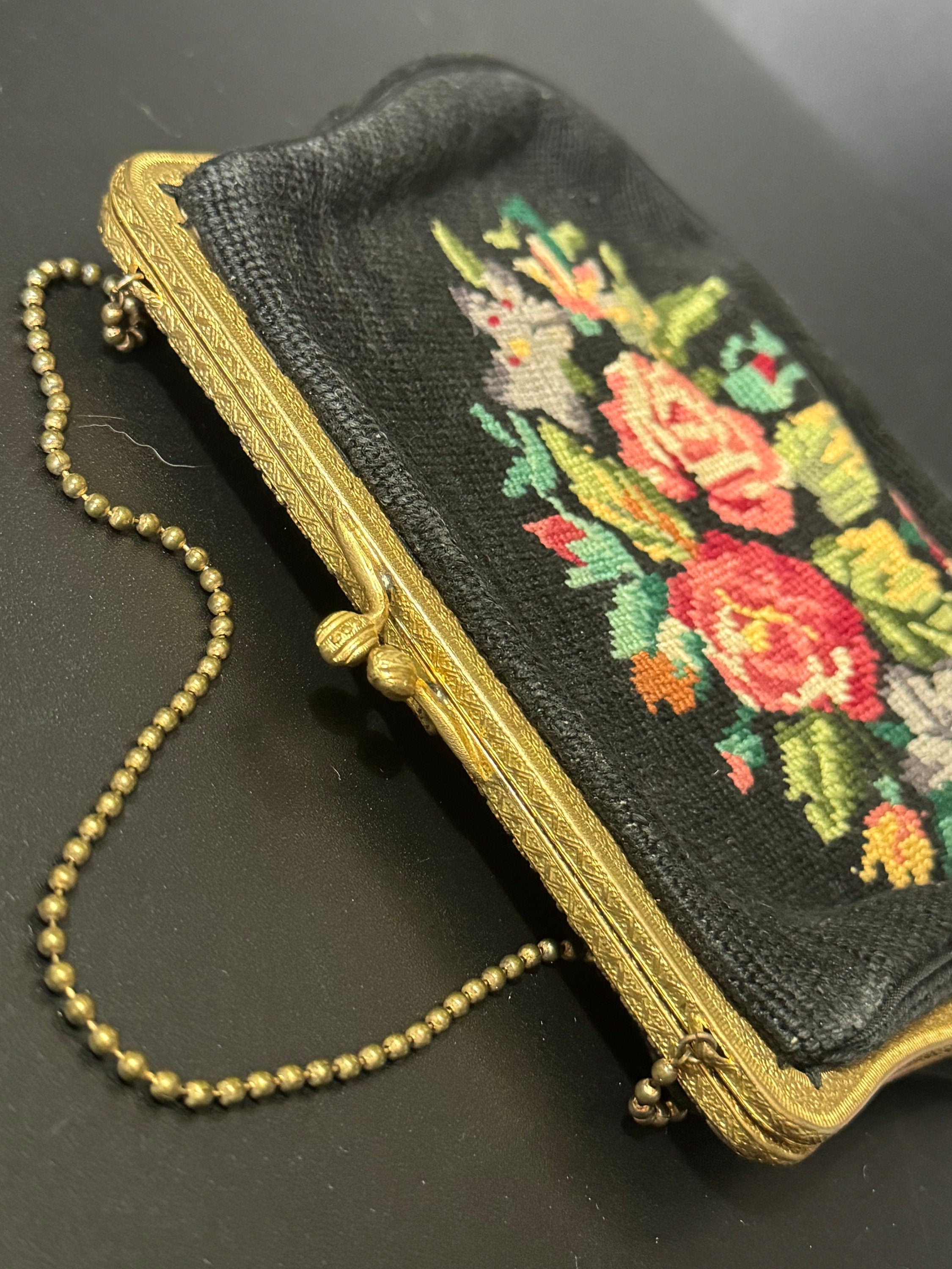 Vintage Retro Black Pink Green Tapestry Embroidered Thread work  Handbag evening Dance Purse 1940s