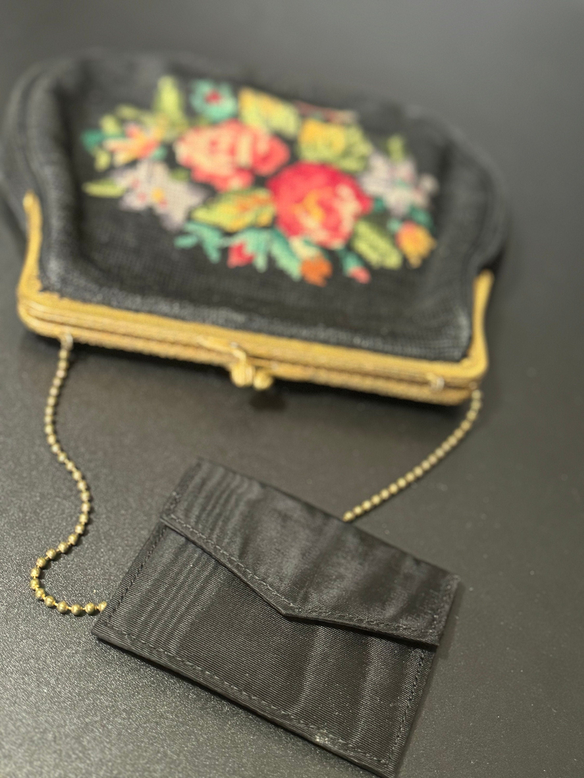 Vintage Retro Black Pink Green Tapestry Embroidered Thread work  Handbag evening Dance Purse 1940s