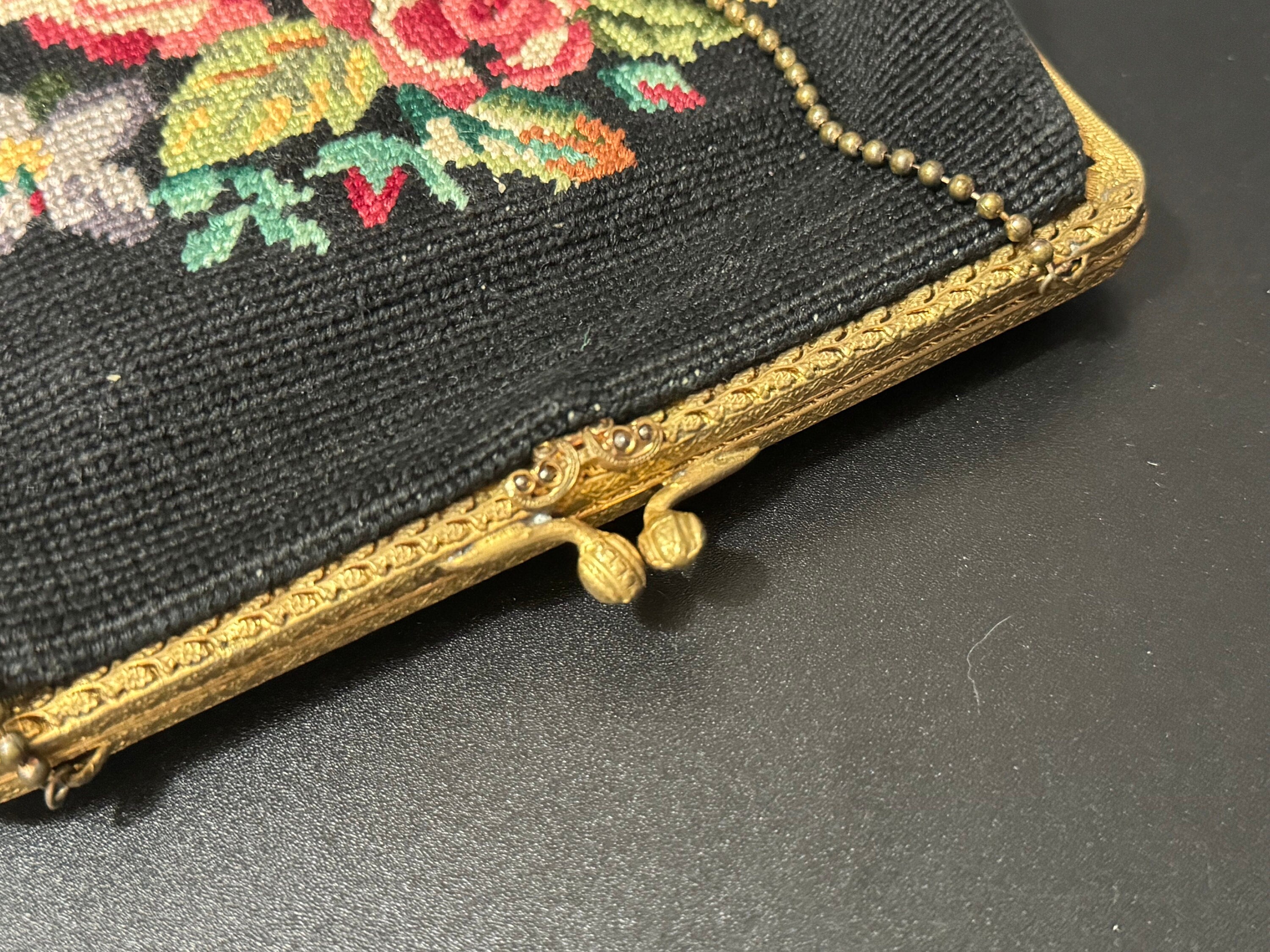 Vintage Retro Black Pink Green Tapestry Embroidered Thread work  Handbag evening Dance Purse 1940s