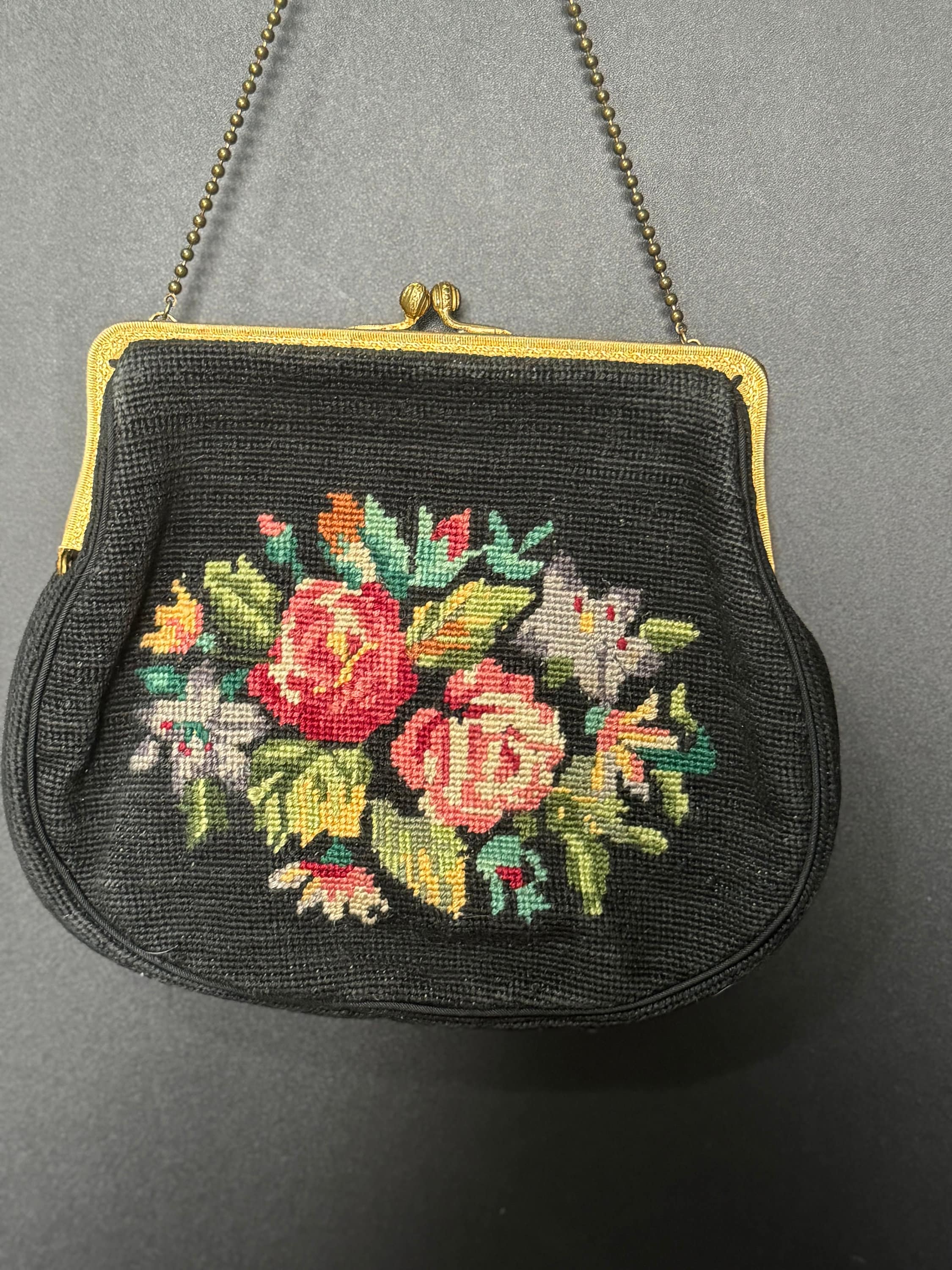 Vintage Retro Black Pink Green Tapestry Embroidered Thread work  Handbag evening Dance Purse 1940s