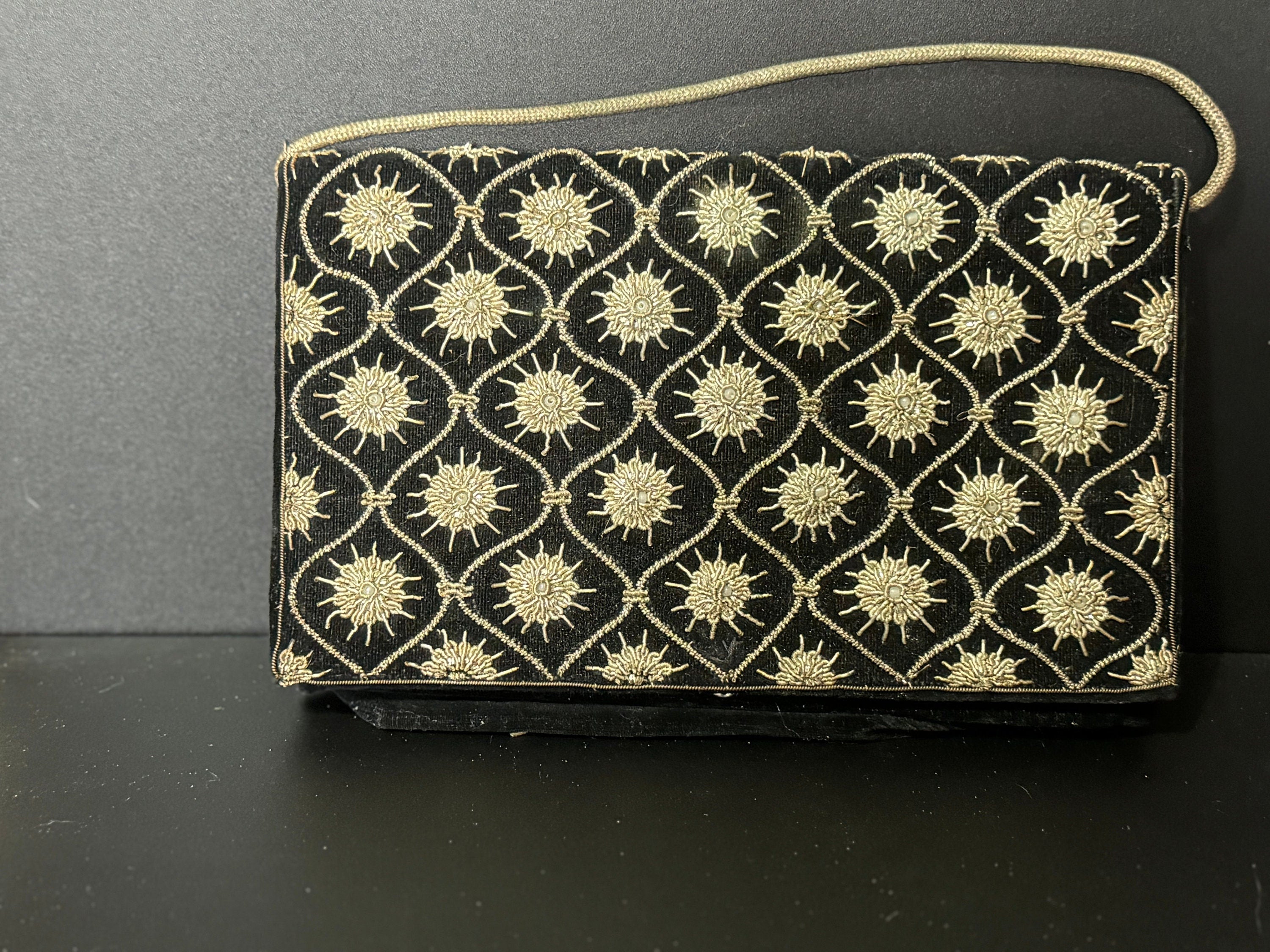 Vintage retro Indian zardozi evening bag purse black velvet gold wire thread work