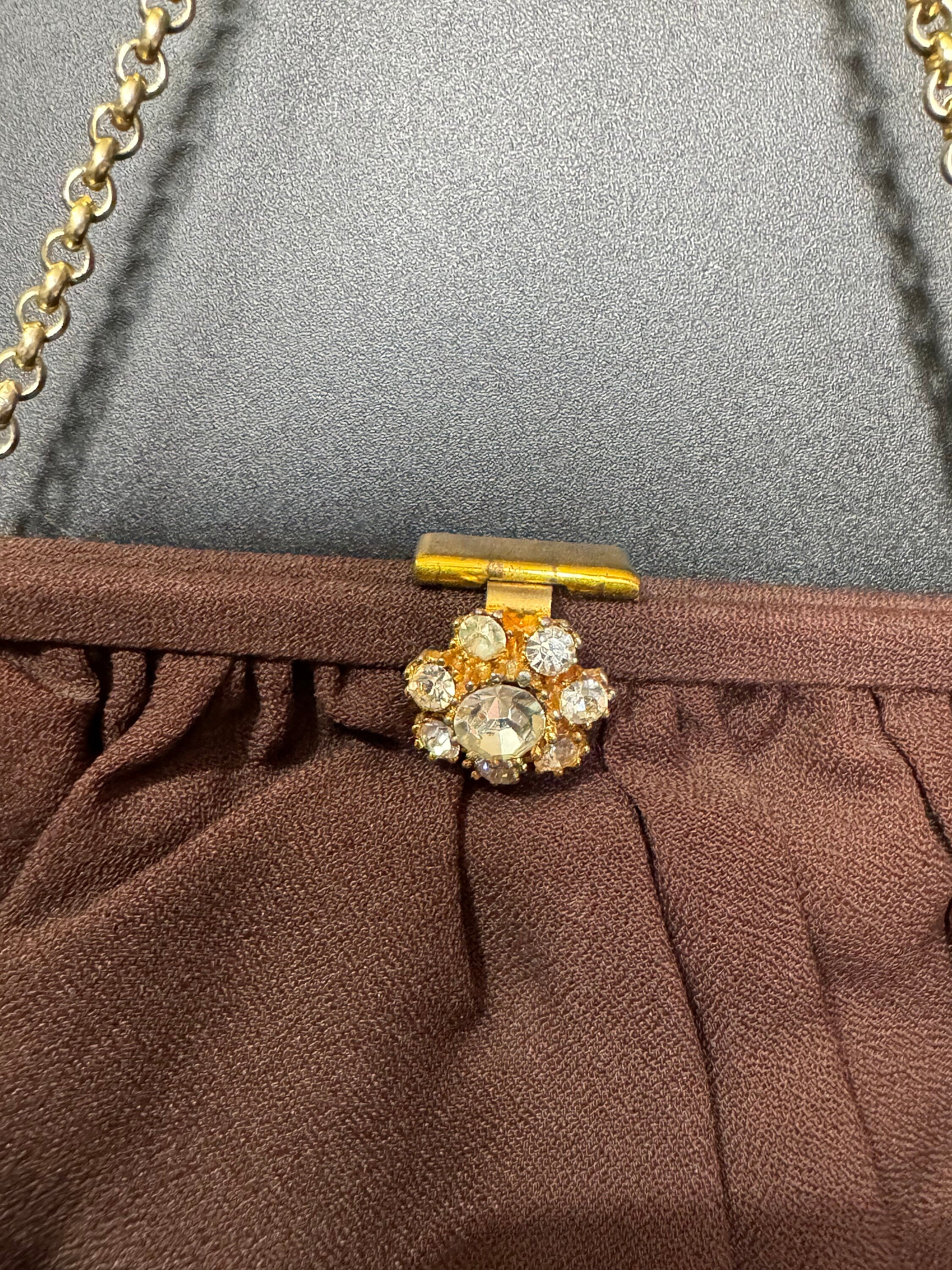 Vintage 1950S 1960s Chocolate Brown crepe Evening Bag Purse Diamanté Gilt Gold Clasp Gatsby Art Deco Party Prom