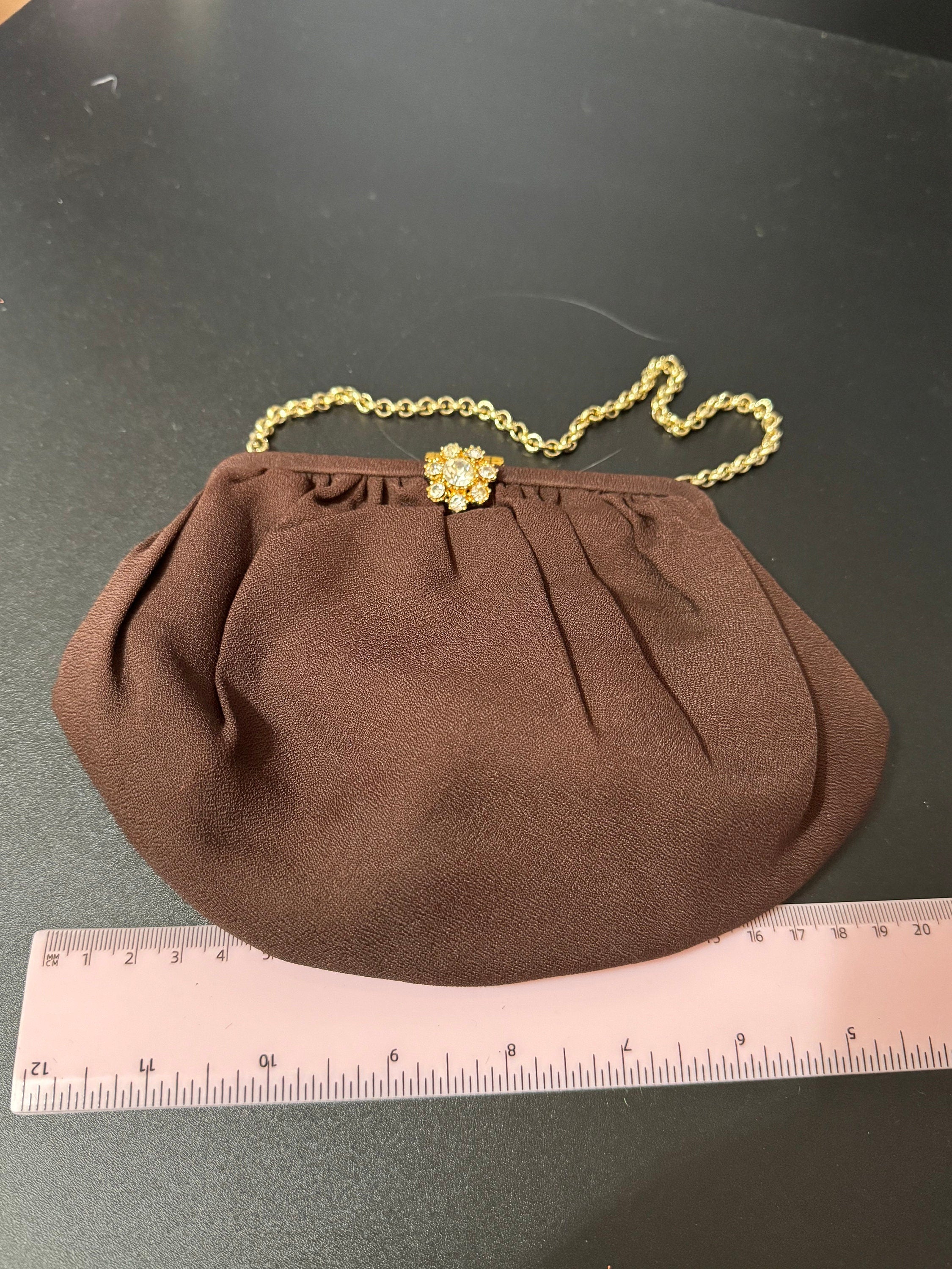 Vintage 1950S 1960s Chocolate Brown crepe Evening Bag Purse Diamanté Gilt Gold Clasp Gatsby Art Deco Party Prom