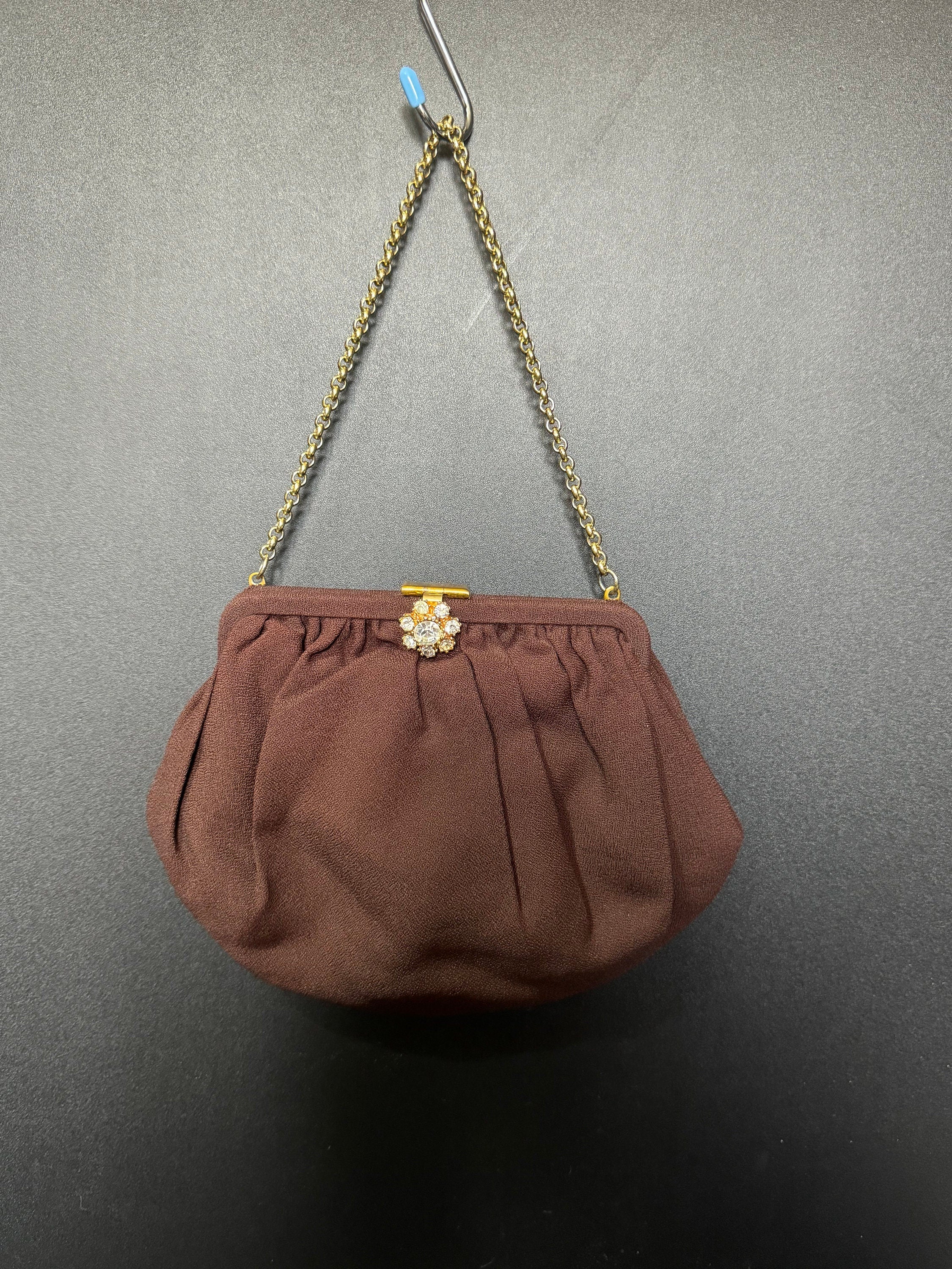 Vintage 1950S 1960s Chocolate Brown crepe Evening Bag Purse Diamanté Gilt Gold Clasp Gatsby Art Deco Party Prom