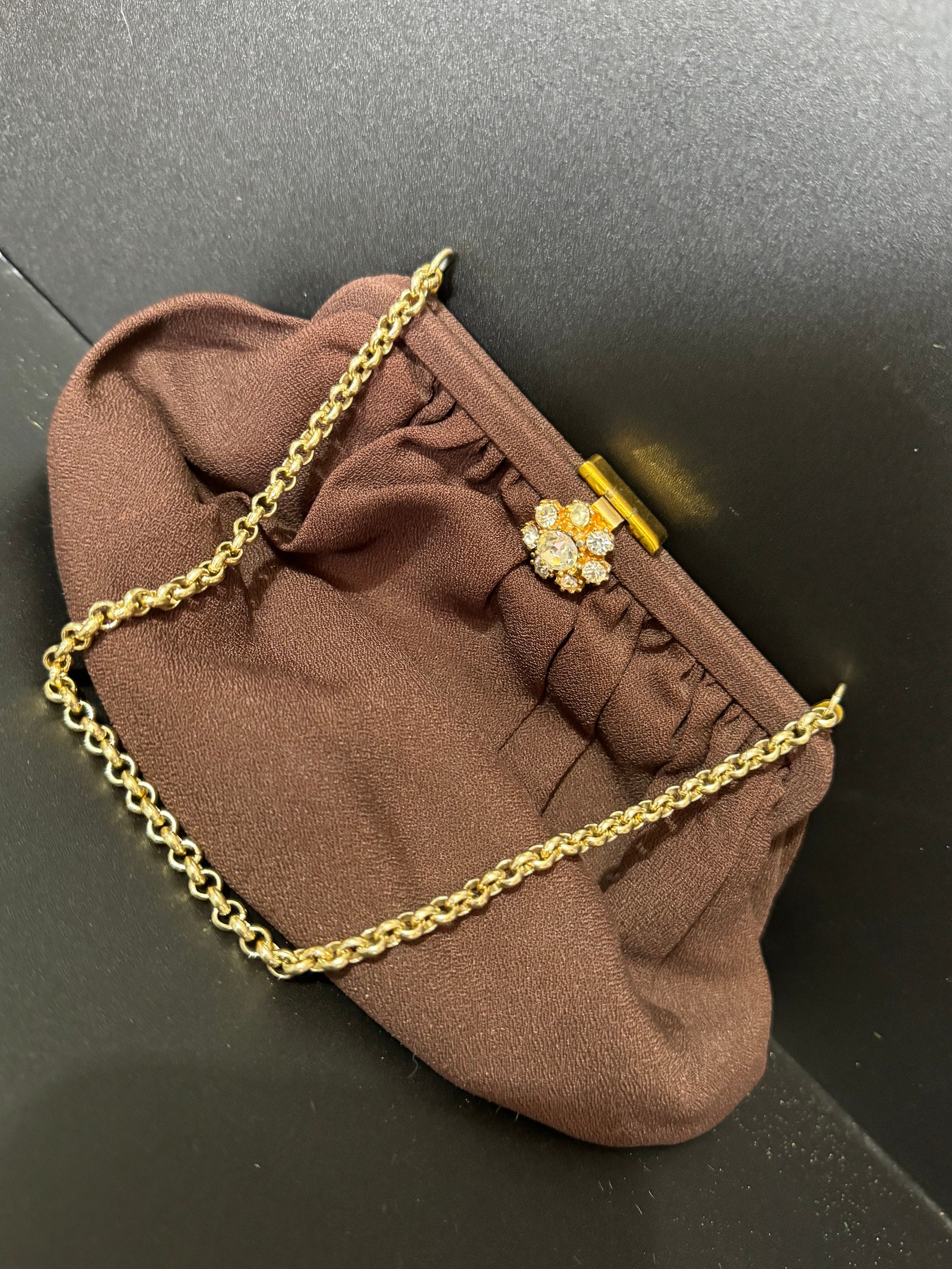 Vintage 1950S 1960s Chocolate Brown crepe Evening Bag Purse Diamanté Gilt Gold Clasp Gatsby Art Deco Party Prom