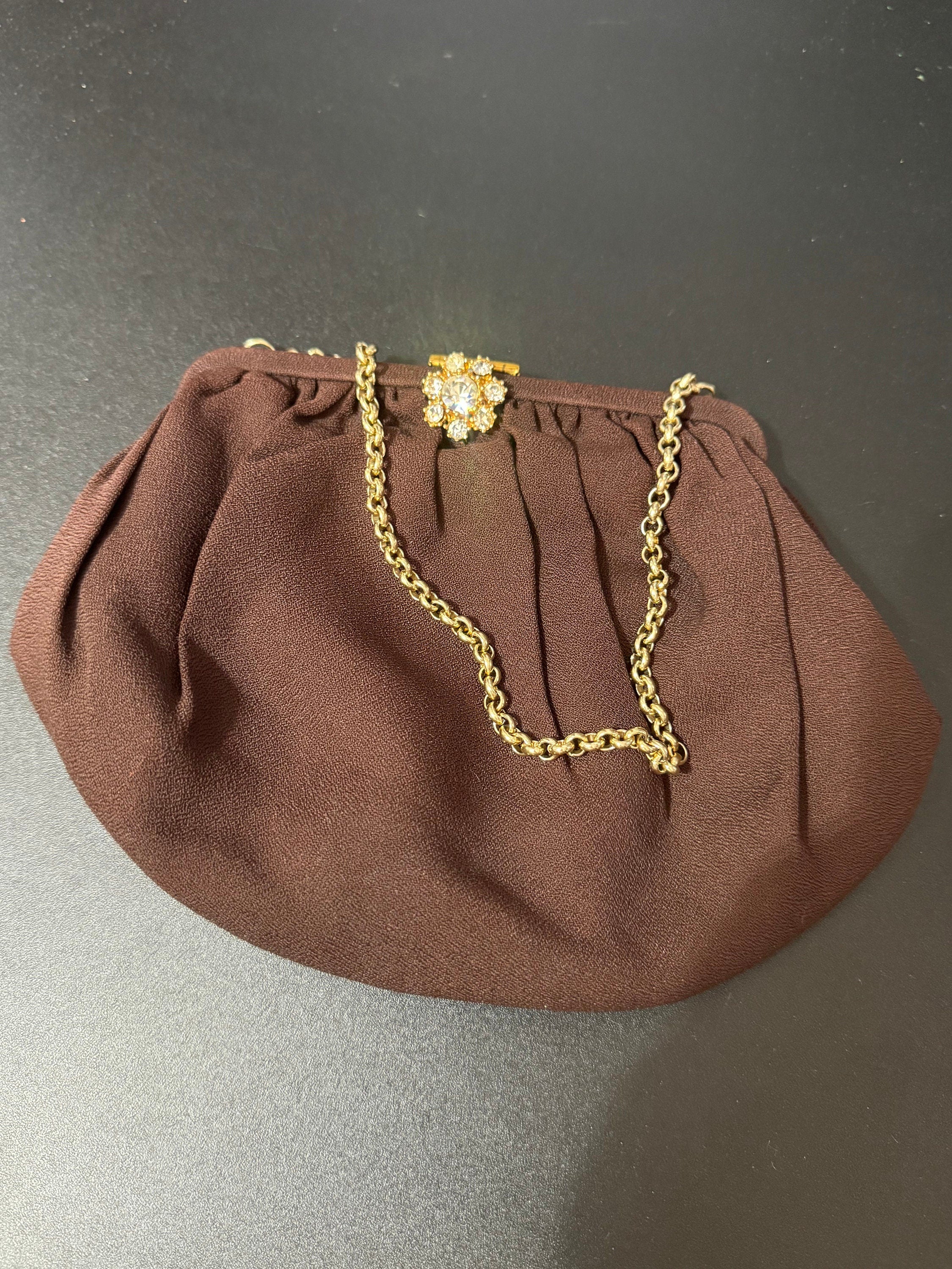 Vintage 1950S 1960s Chocolate Brown crepe Evening Bag Purse Diamanté Gilt Gold Clasp Gatsby Art Deco Party Prom