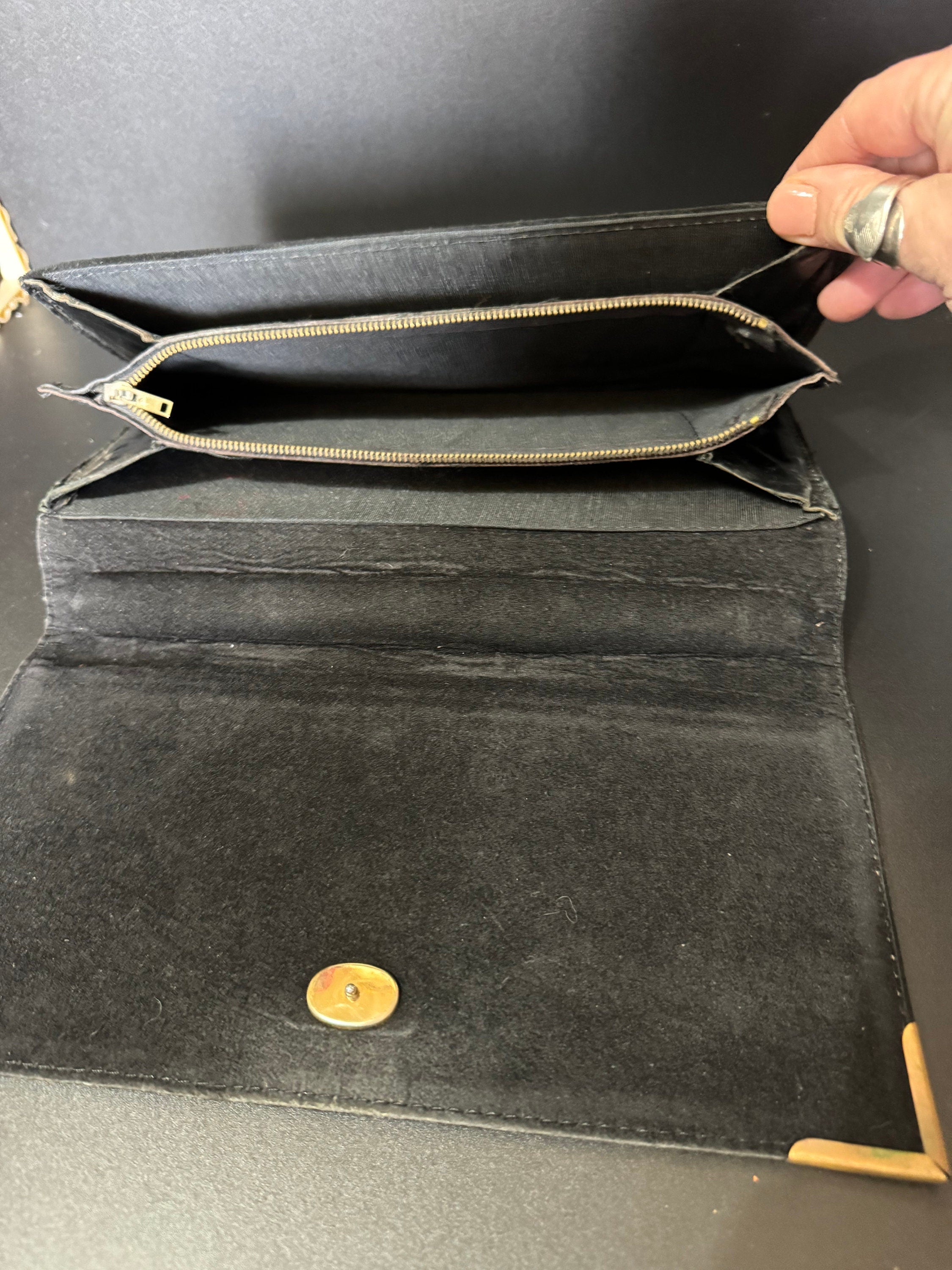 vintage black suede leather gold shoulder chain evening bag 1970s