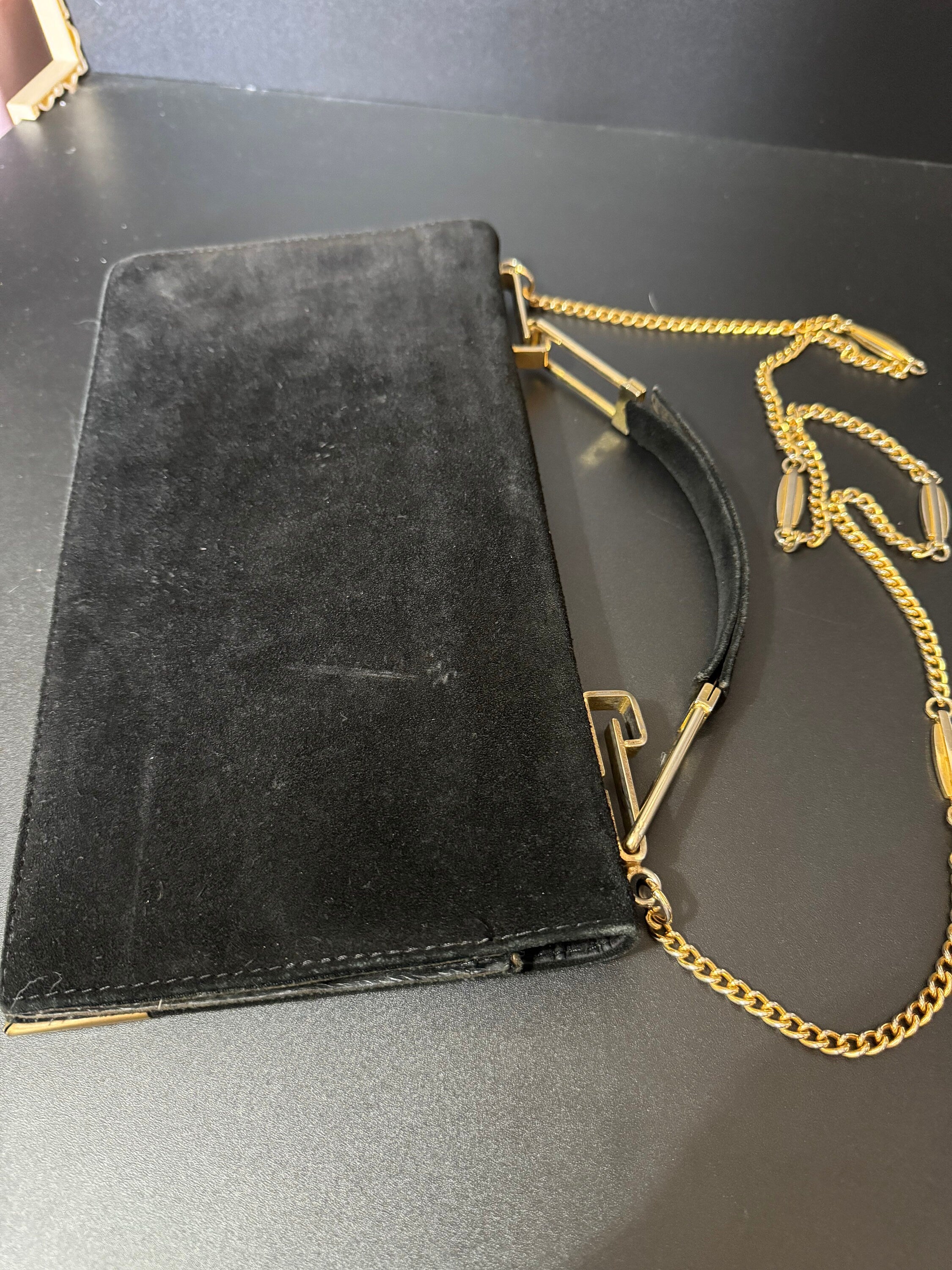 vintage black suede leather gold shoulder chain evening bag 1970s