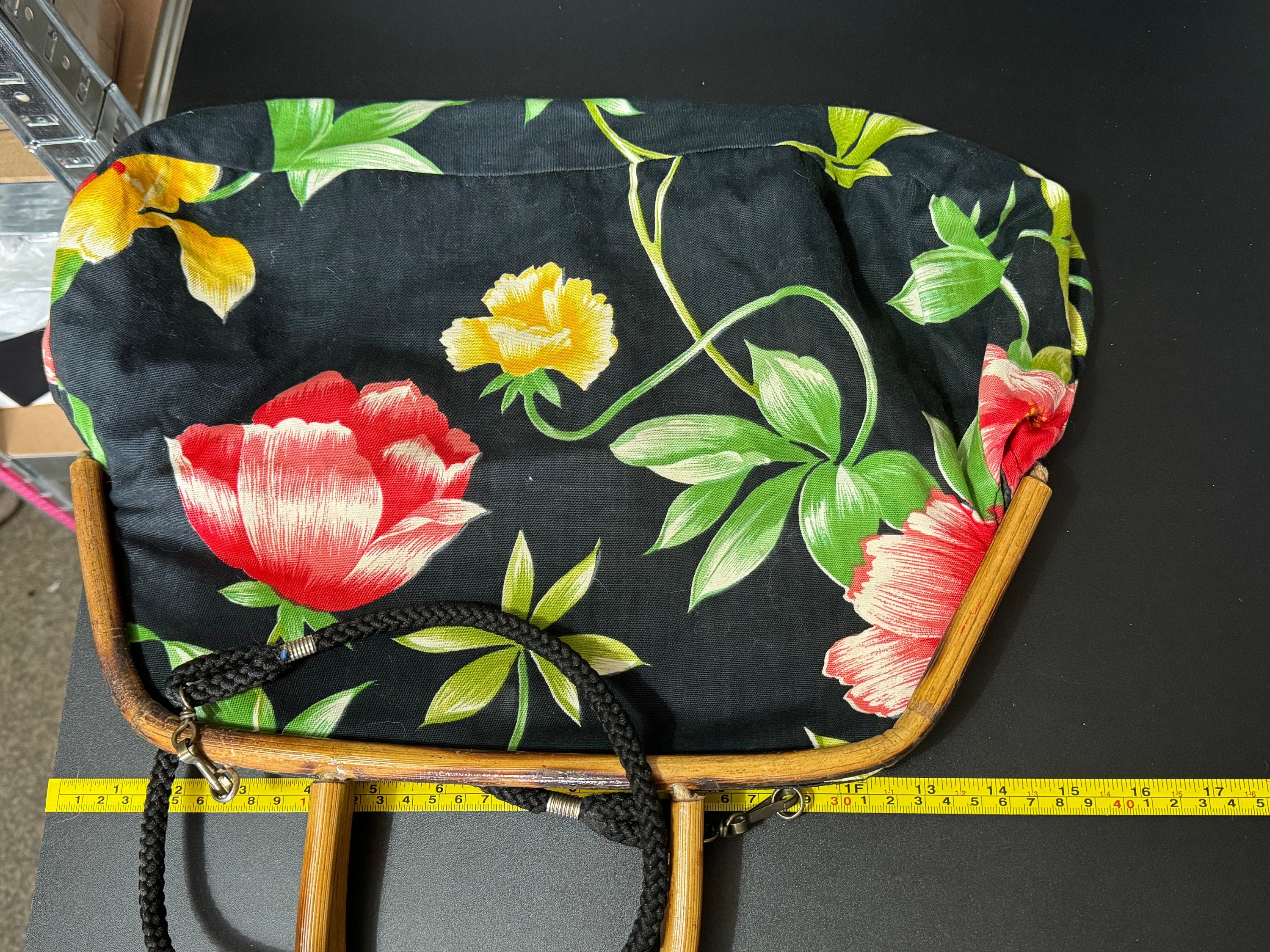 Retro Italian black red yellow green tropical floral bamboo framed handbag