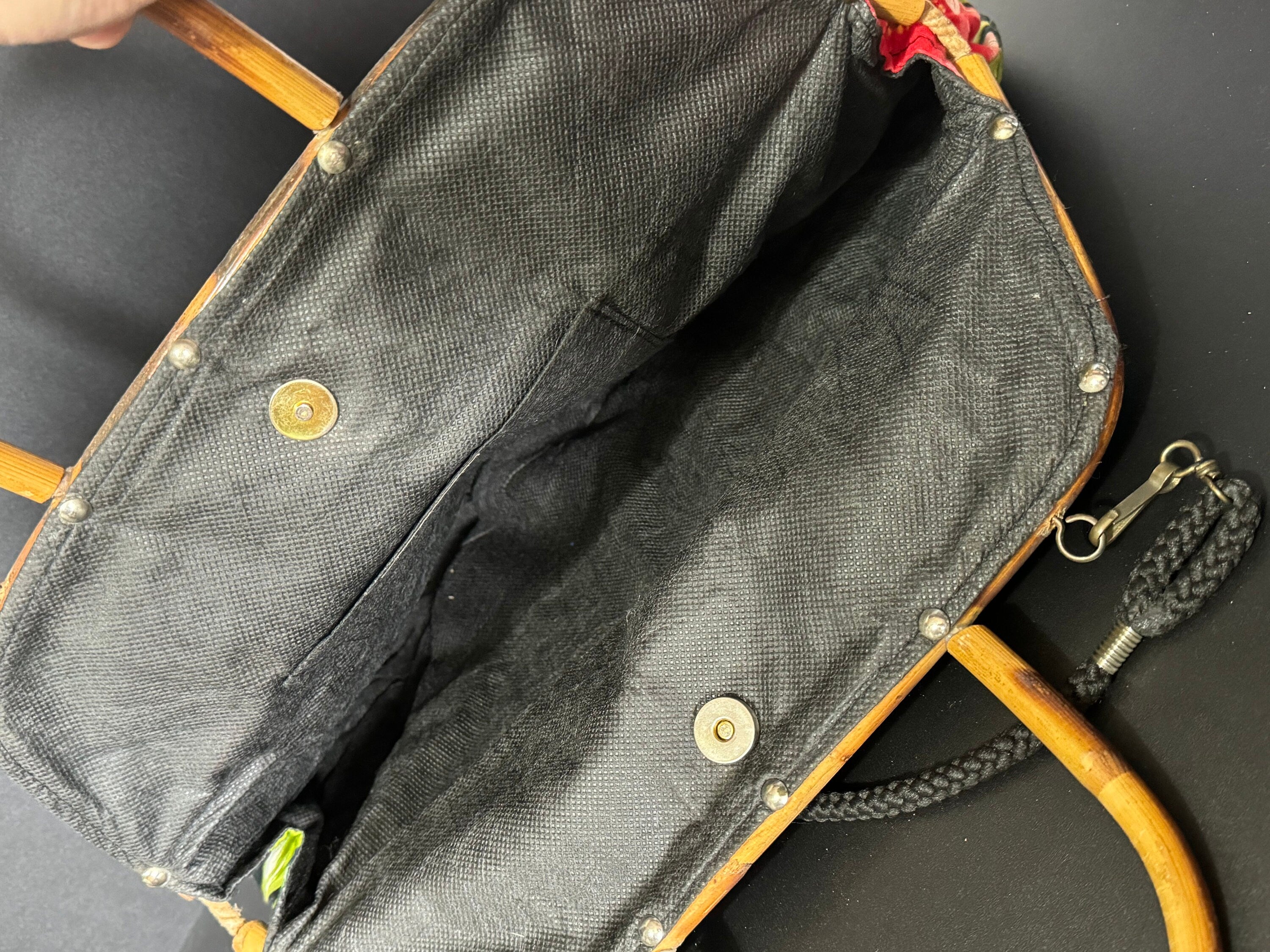 Retro Italian black red yellow green tropical floral bamboo framed handbag