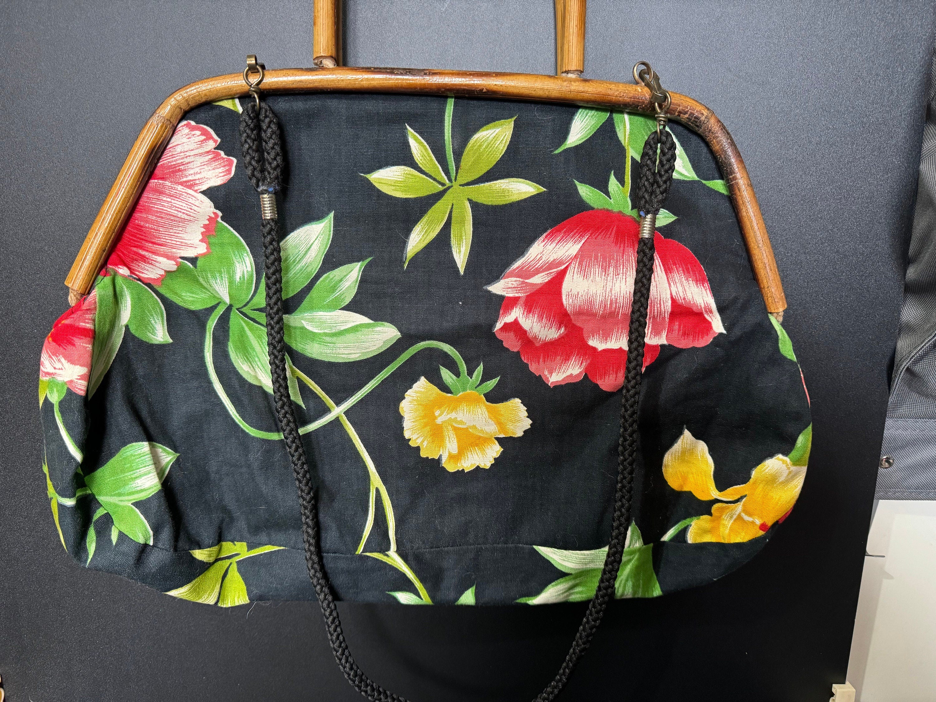 Retro Italian black red yellow green tropical floral bamboo framed handbag