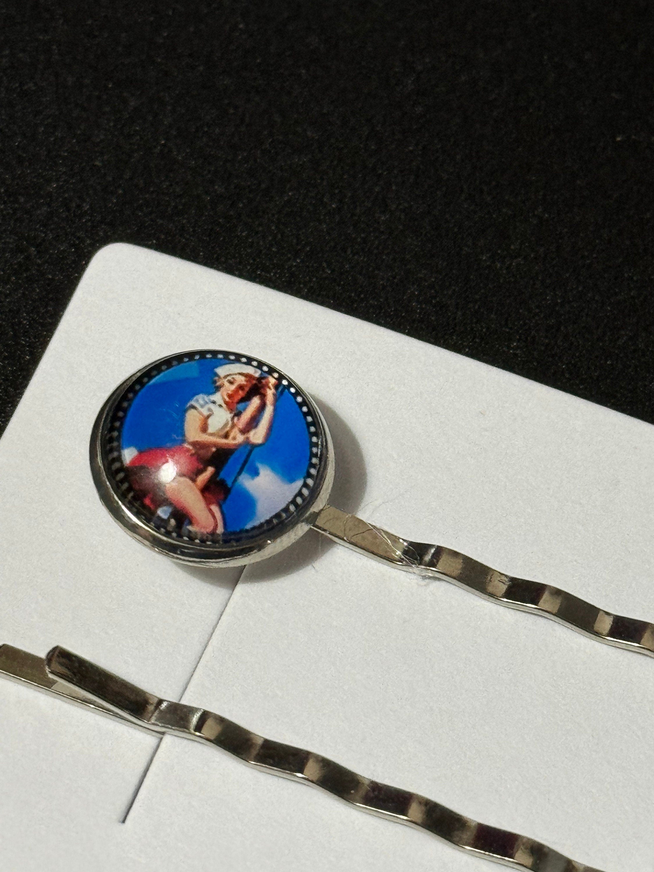 pin up girl model wavy hair slides, Vintage mid century style, silver tone clips with glass cabochons