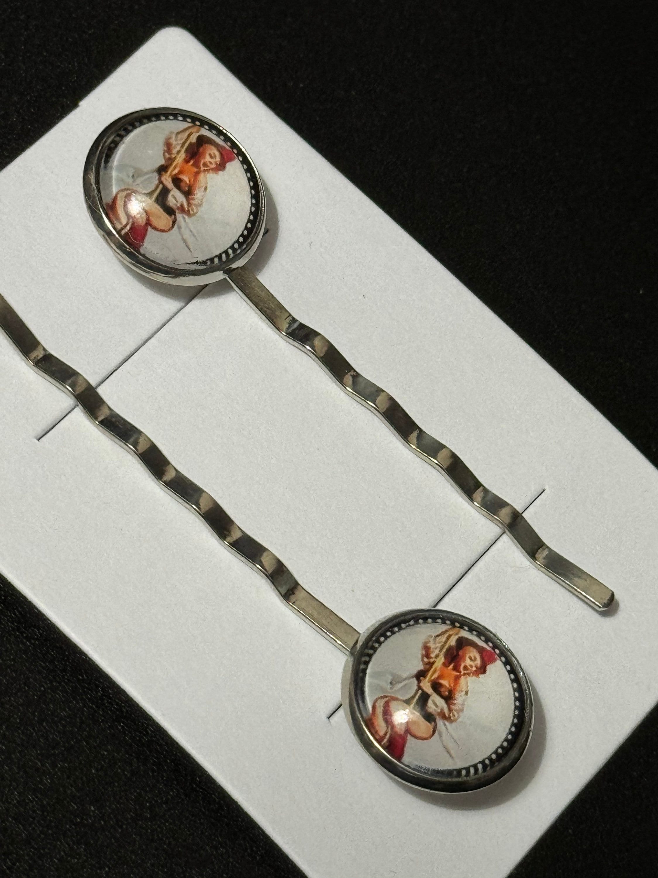 pin up girl model wavy hair slides, Vintage Hollywood glamour style, silver tone clips with glass cabochons