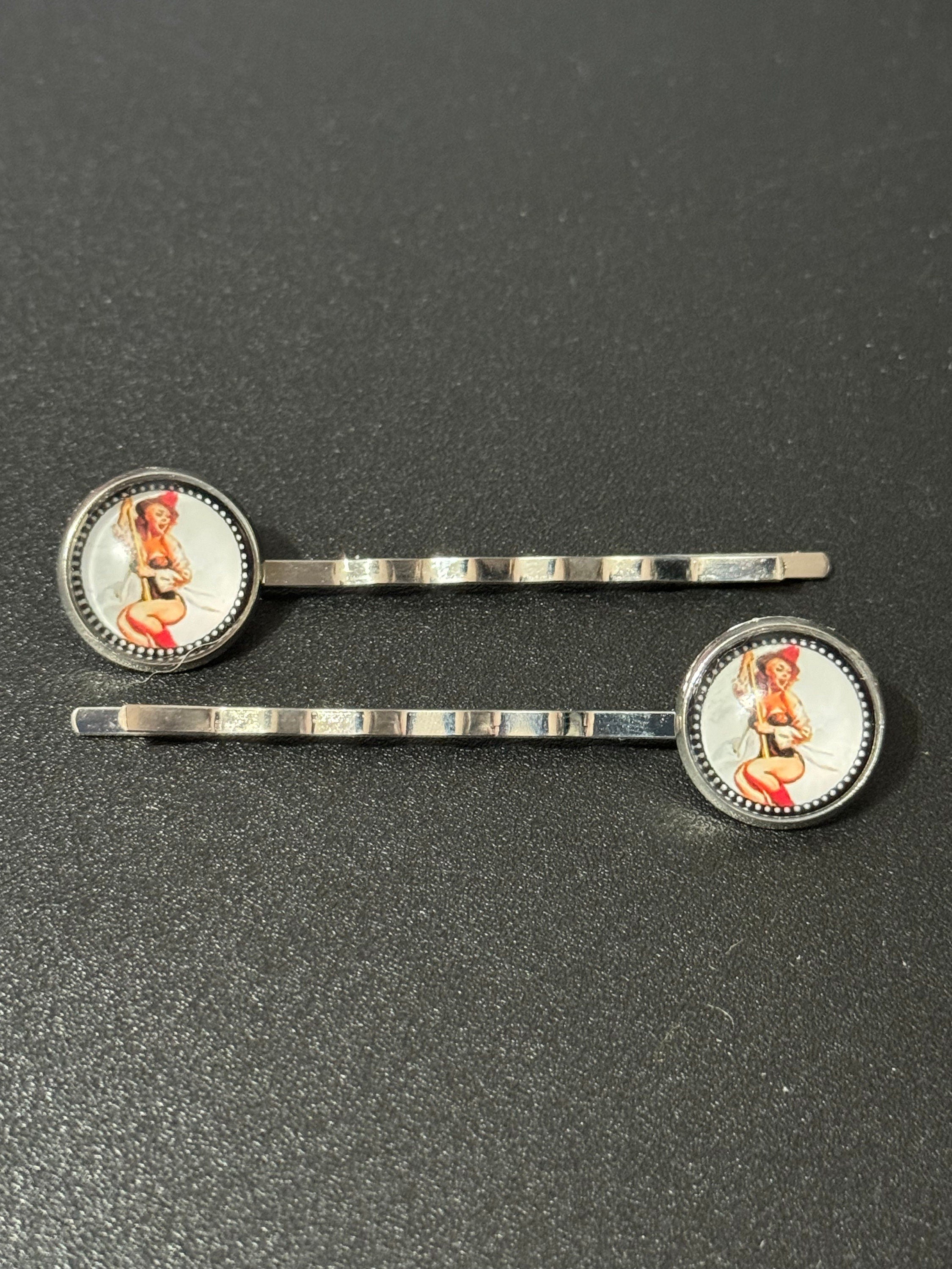 pin up girl model wavy hair slides, Vintage Hollywood glamour style, silver tone clips with glass cabochons