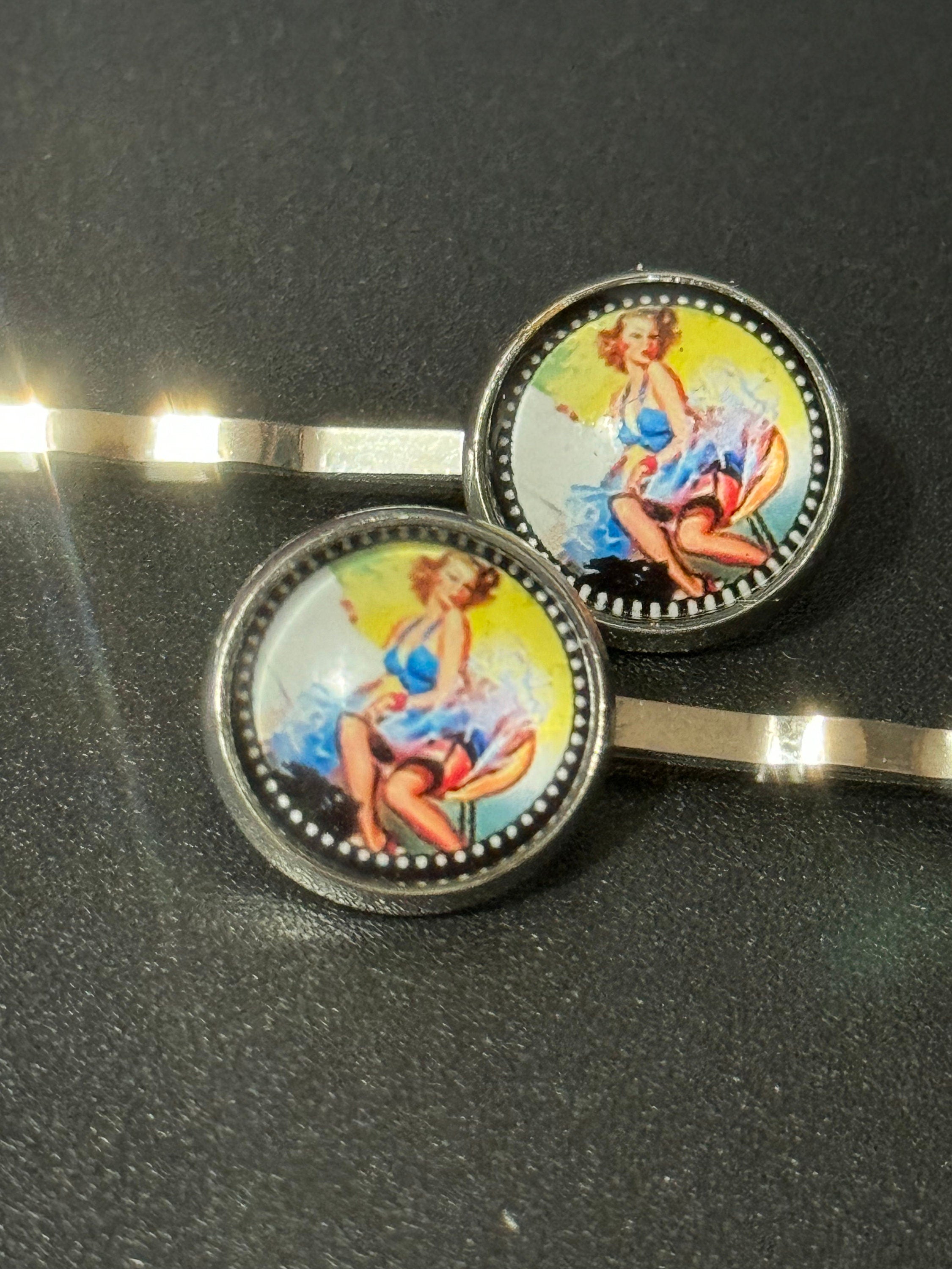 pin up girl model wavy hair slides, Vintage Hollywood glamour style, silver tone clips with glass cabochons, yellow