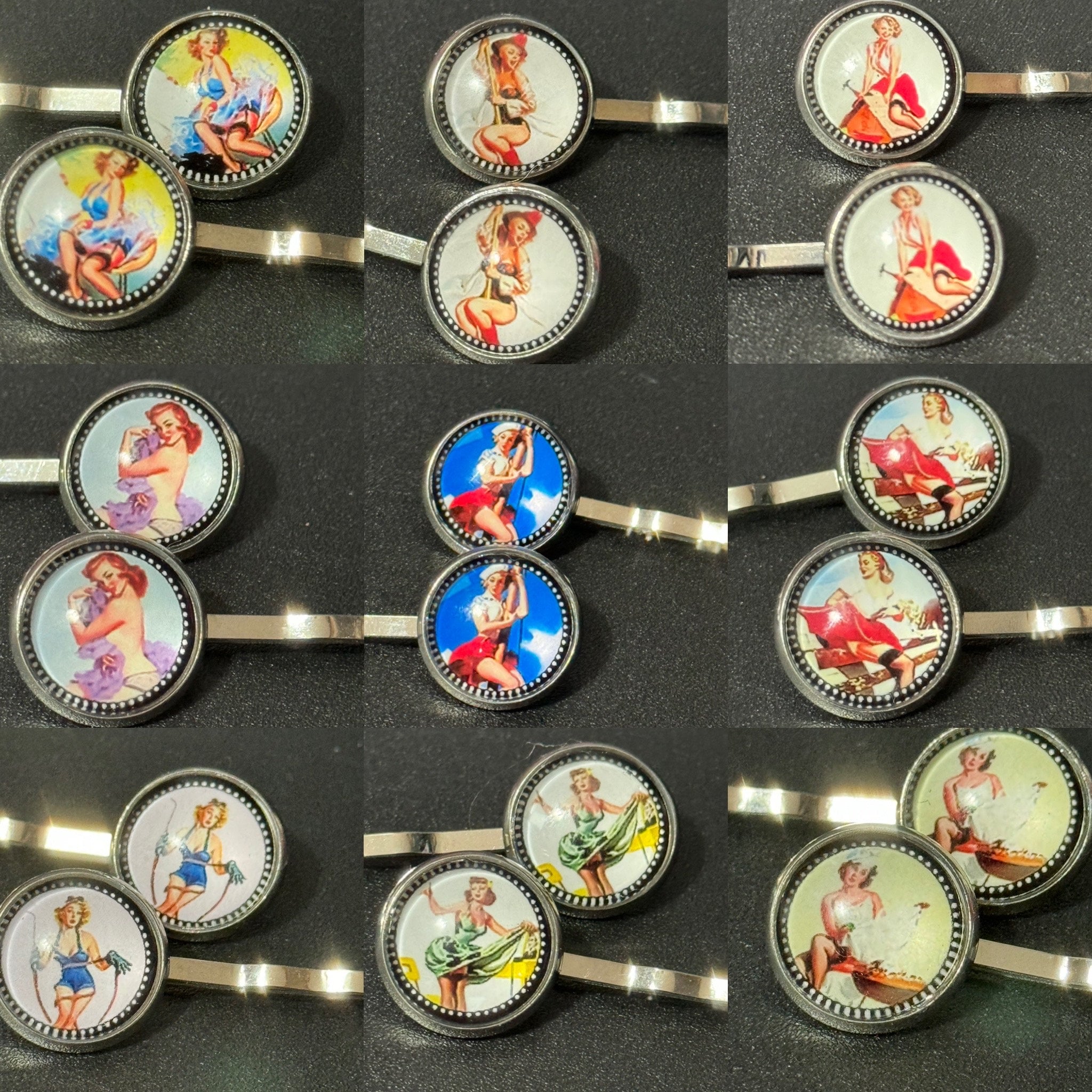 pin up girl model wavy hair slides, Vintage Hollywood glamour style, silver tone clips with glass cabochons, yellow