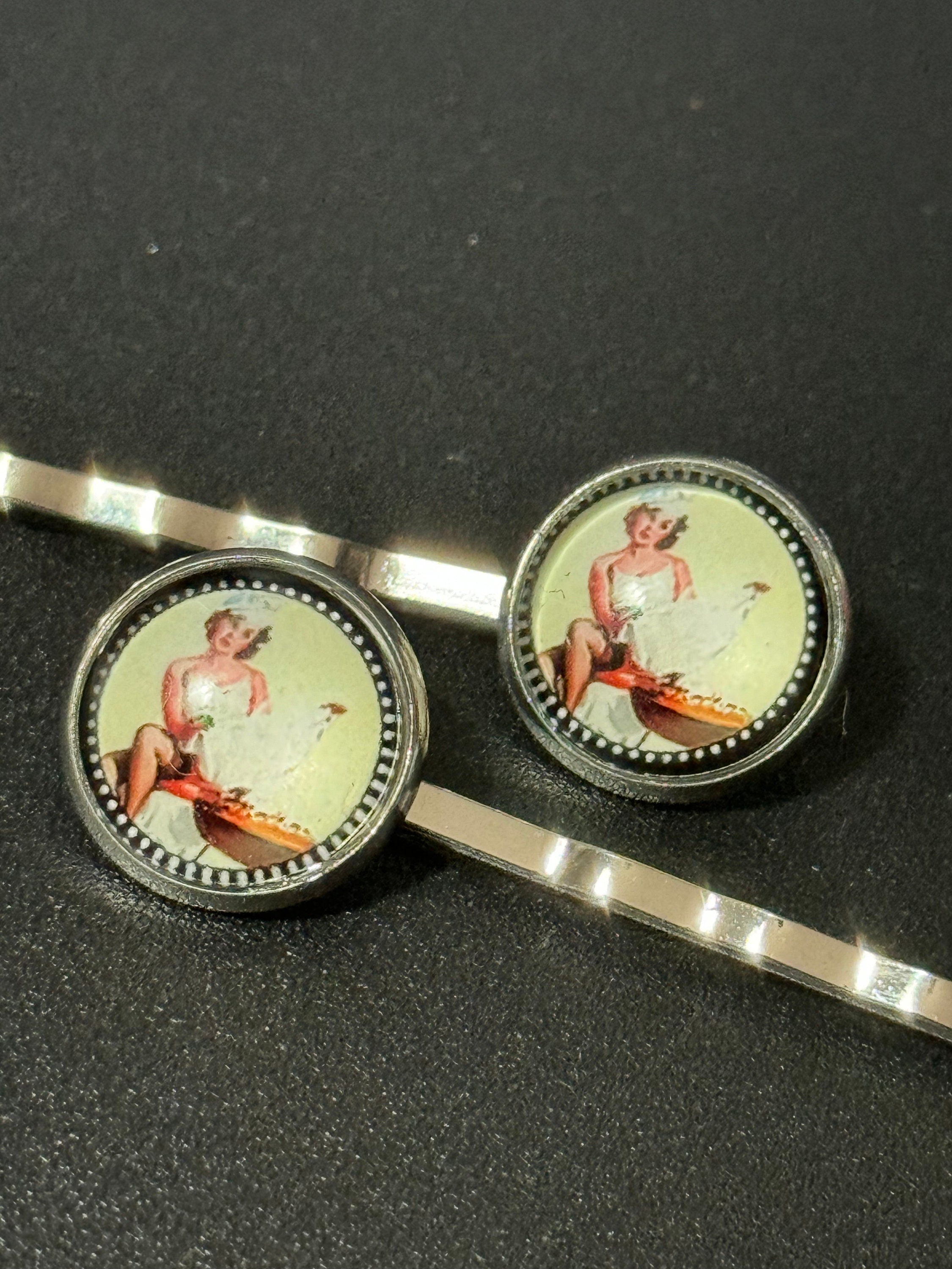 pin up girl model wavy hair slides, Vintage Hollywood glamour style, silver tone clips with glass cabochons, green