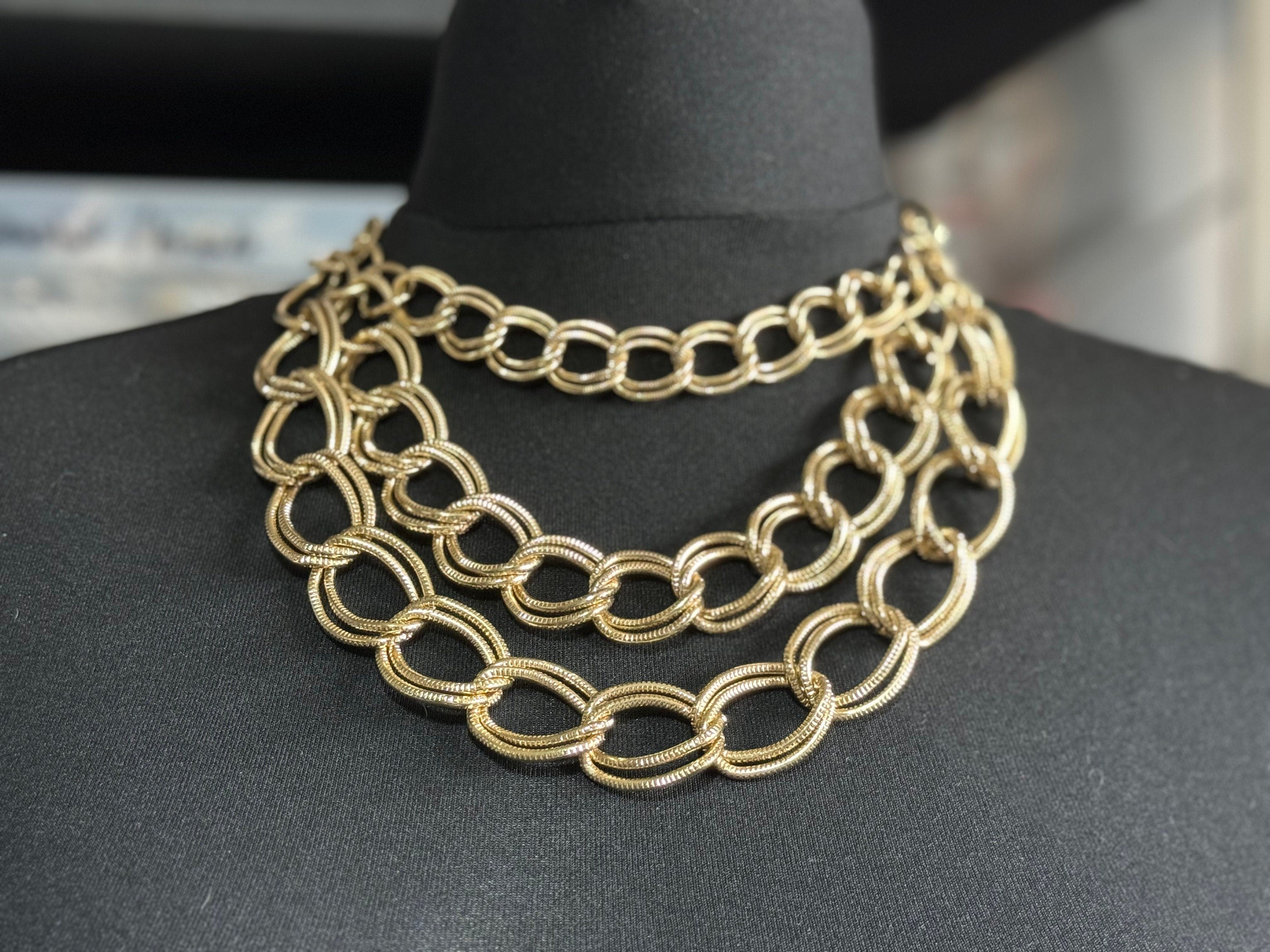 Retro gold tone wide chunky choker Cable chain bib necklace waterfall multi strand  1980s 1990s