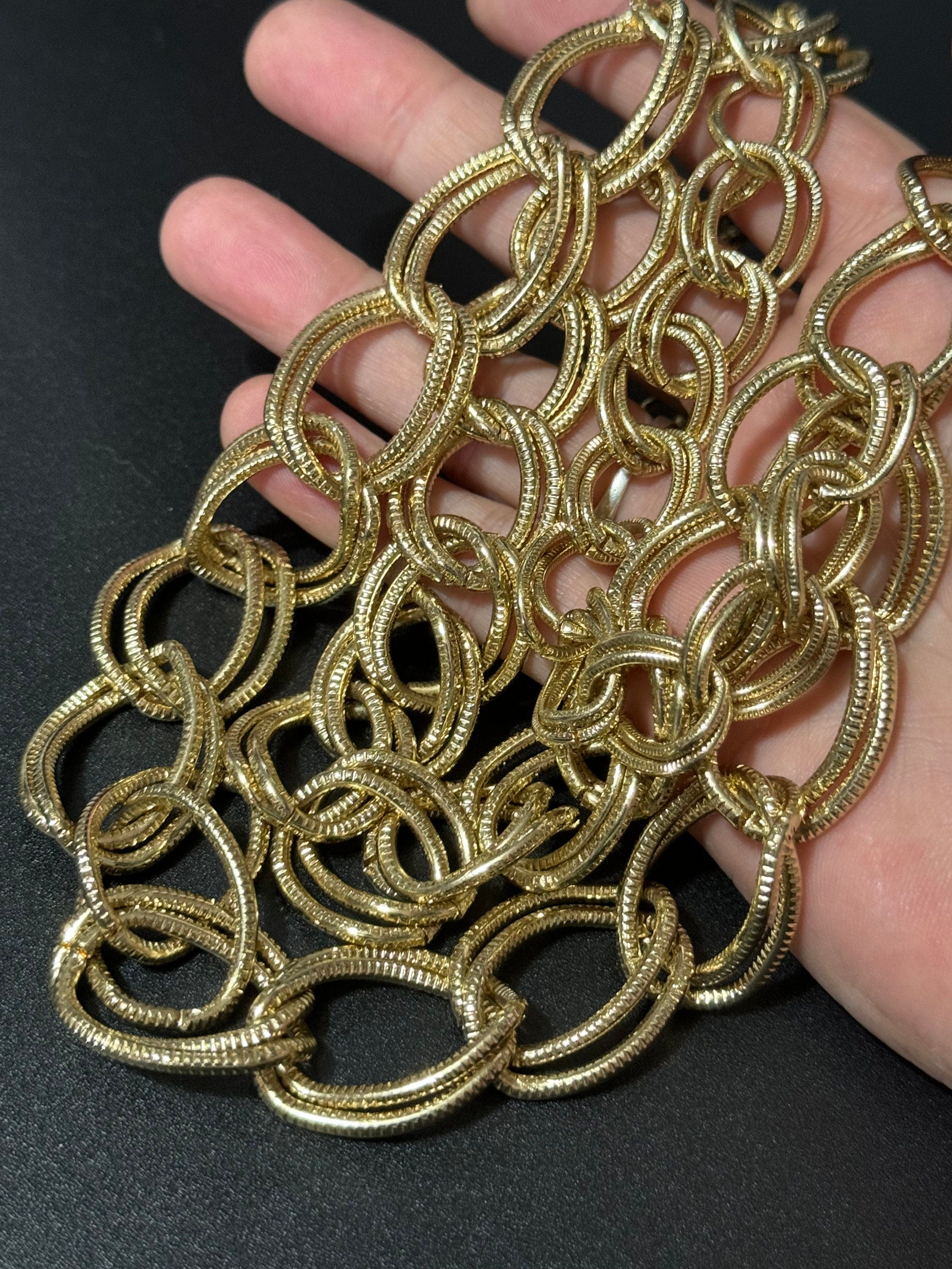 Retro gold tone wide chunky choker Cable chain bib necklace waterfall multi strand  1980s 1990s