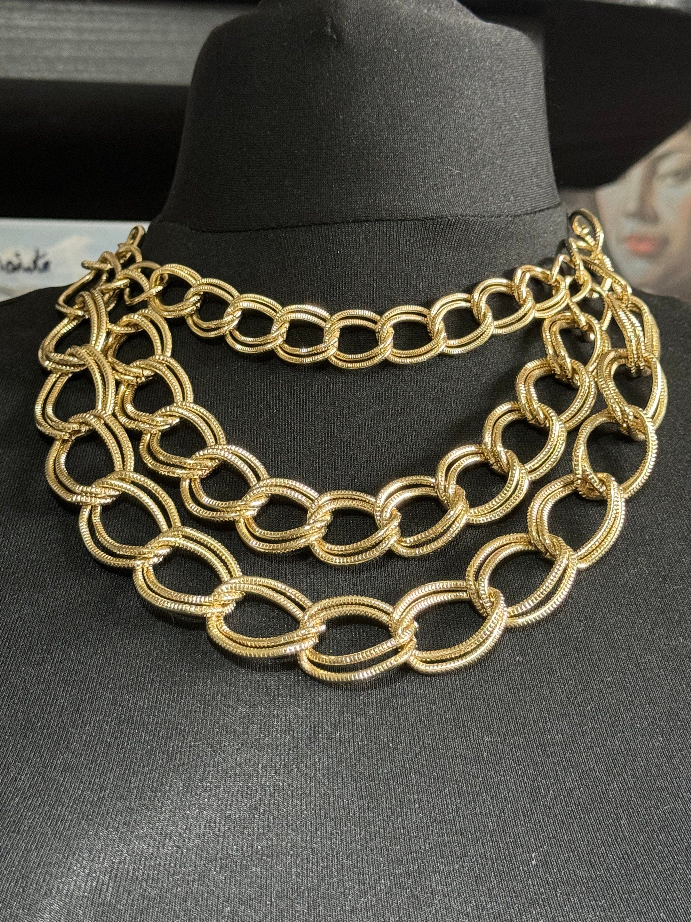 Retro gold tone wide chunky choker Cable chain bib necklace waterfall multi strand  1980s 1990s
