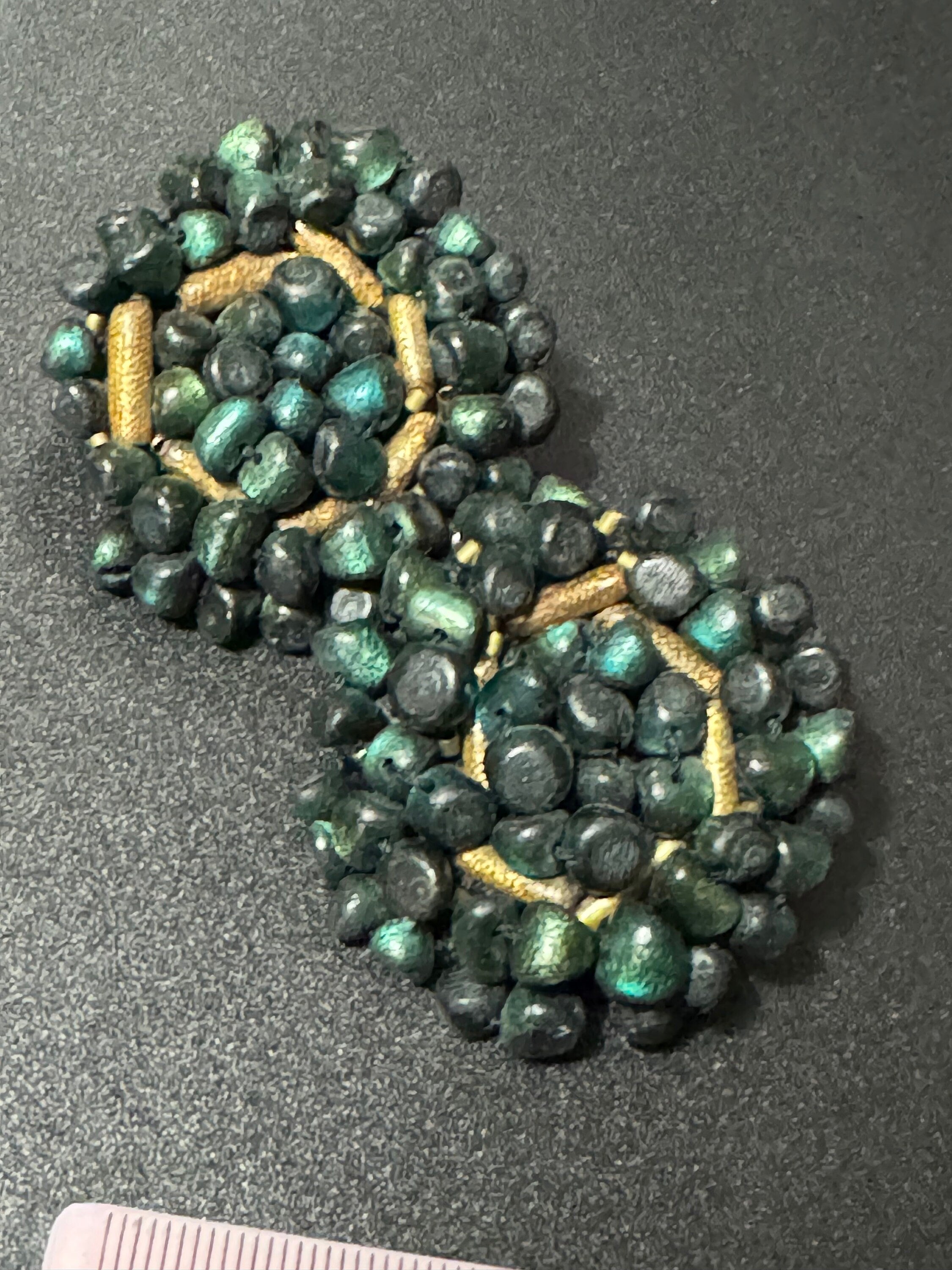 Oversized 4cm black sea green plastic pebble beaded round disc Clip On Earrings Vintage