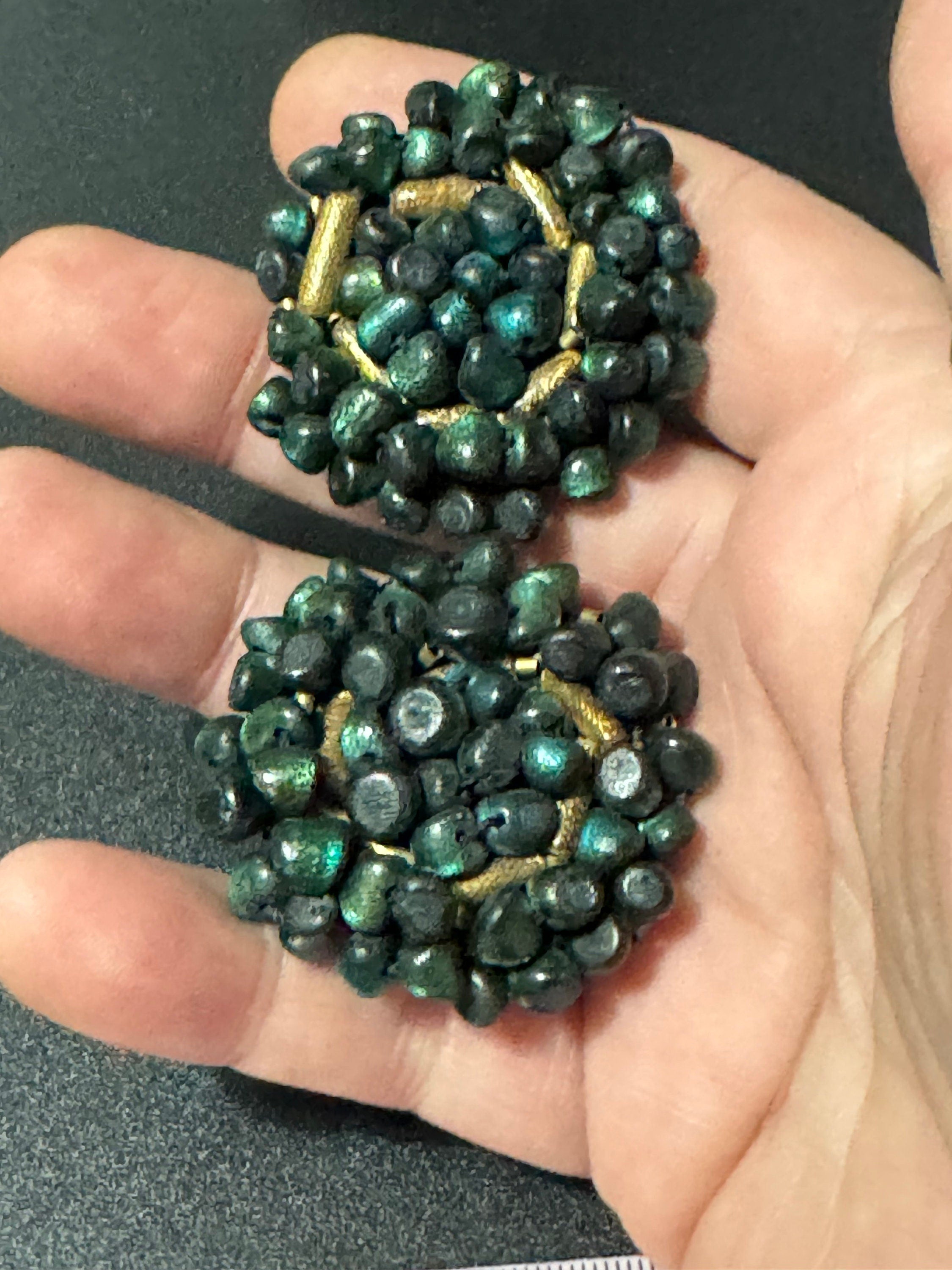 Oversized 4cm black sea green plastic pebble beaded round disc Clip On Earrings Vintage