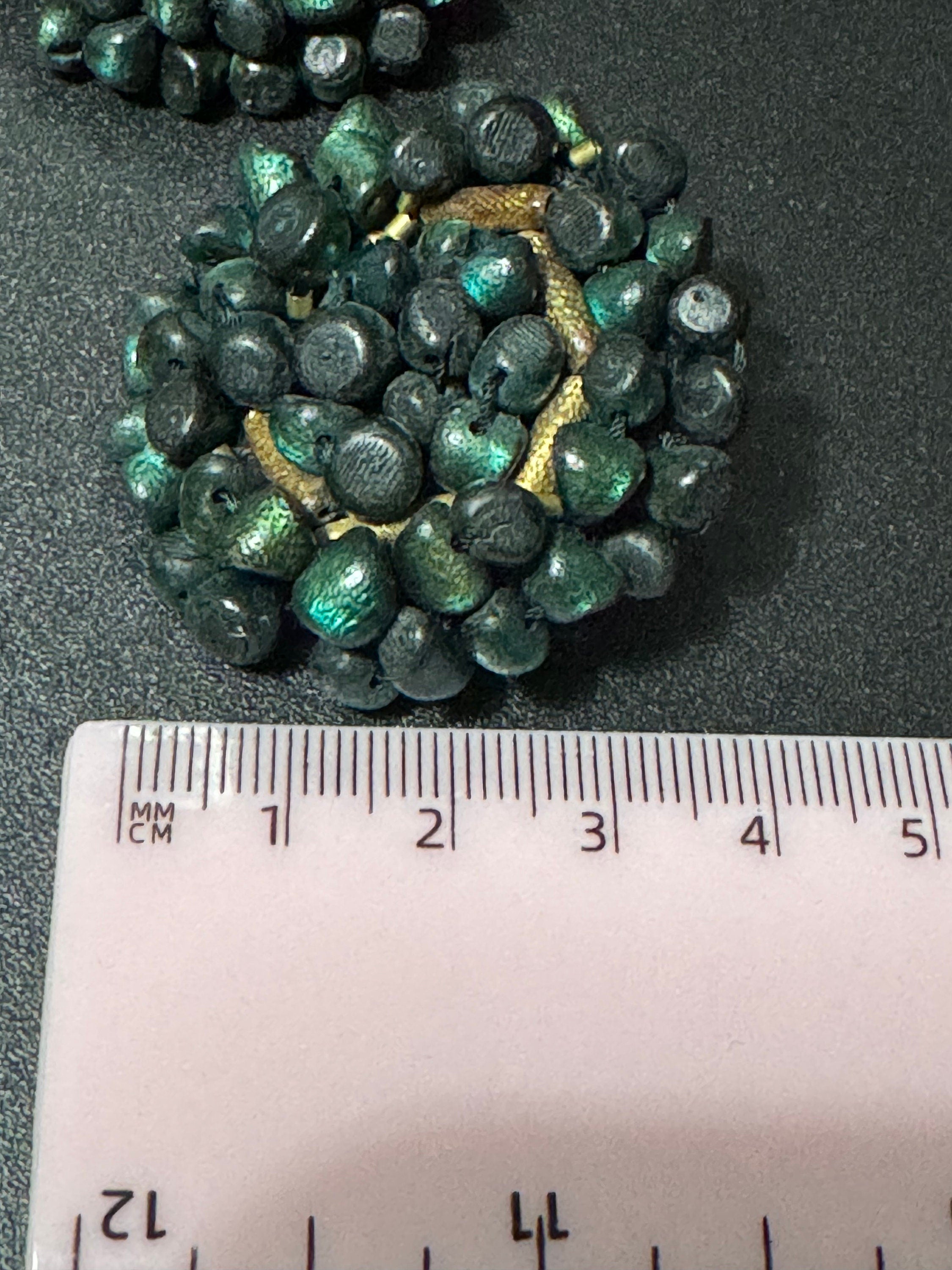 Oversized 4cm black sea green plastic pebble beaded round disc Clip On Earrings Vintage