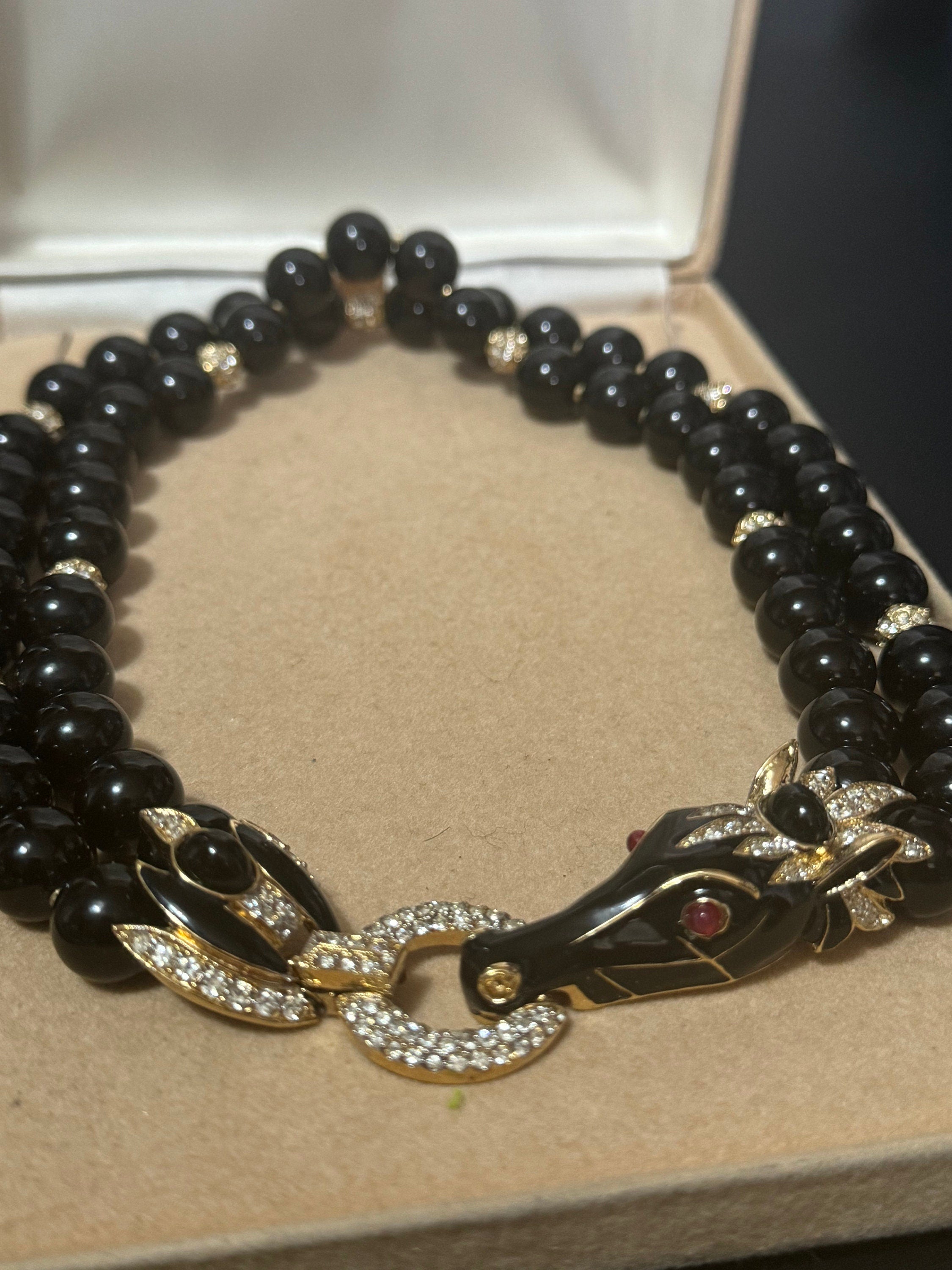 High end horse head black beaded rhinestone and cabochon choker