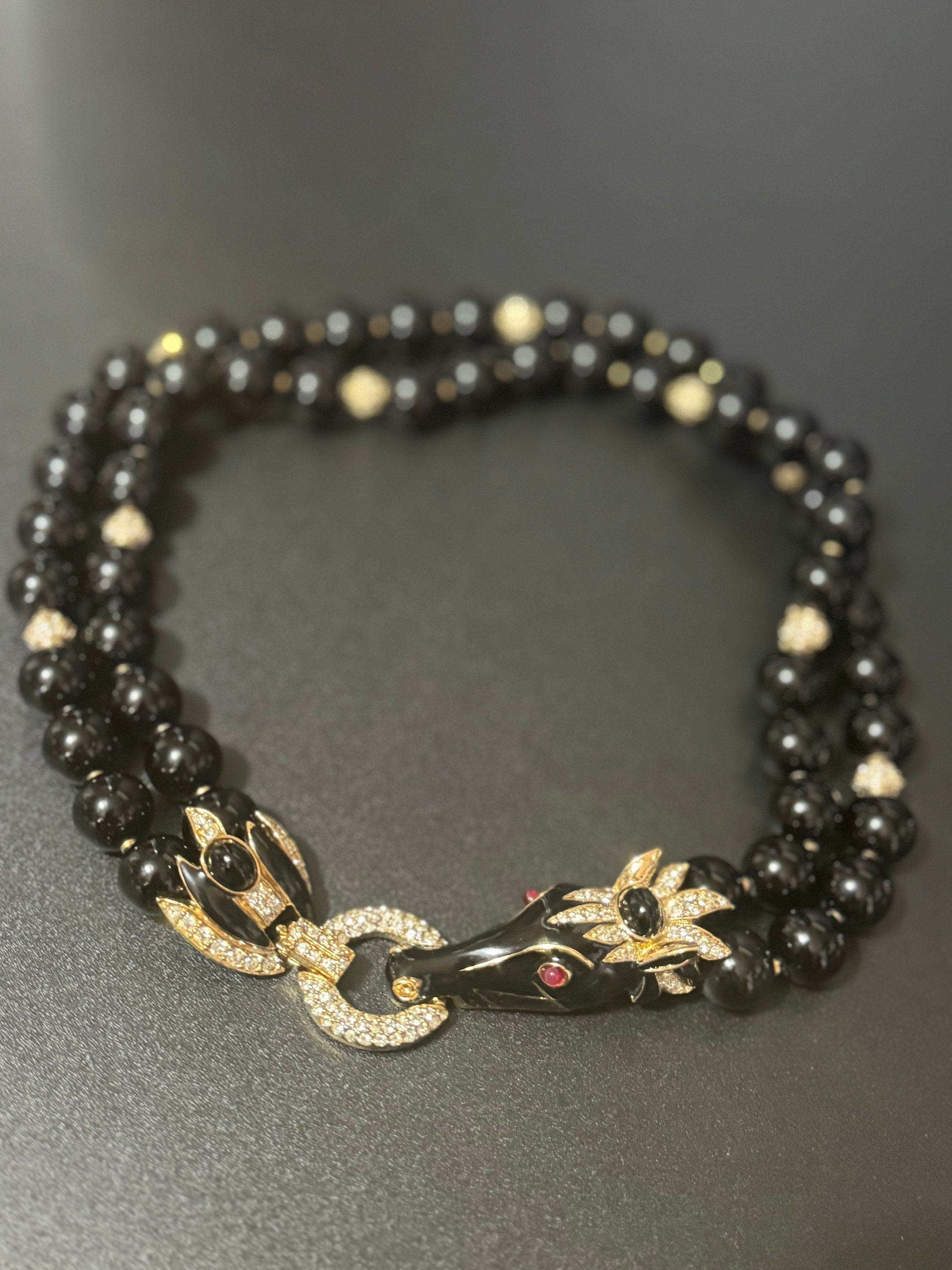 High end horse head black beaded rhinestone and cabochon choker