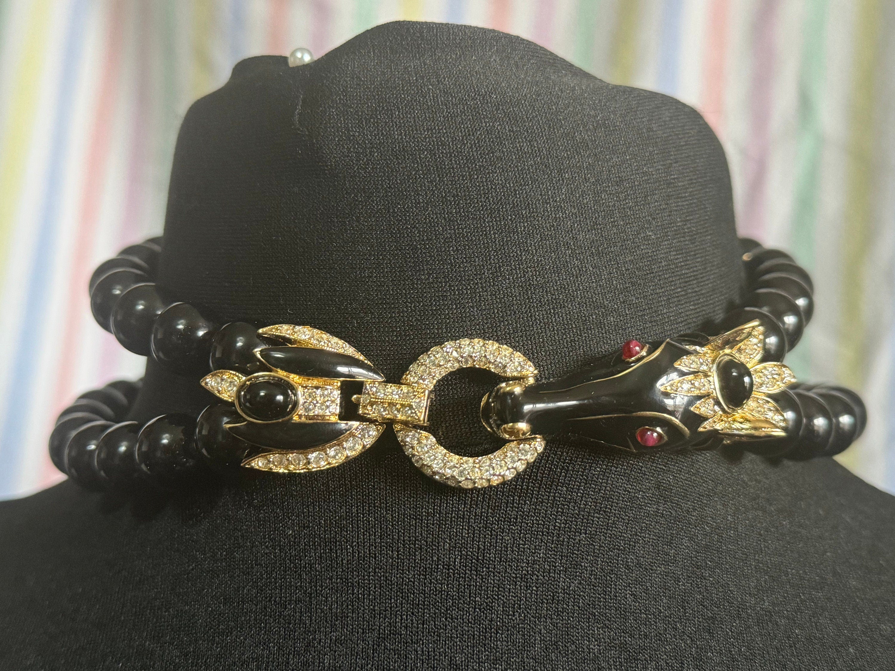 High end horse head black beaded rhinestone and cabochon choker