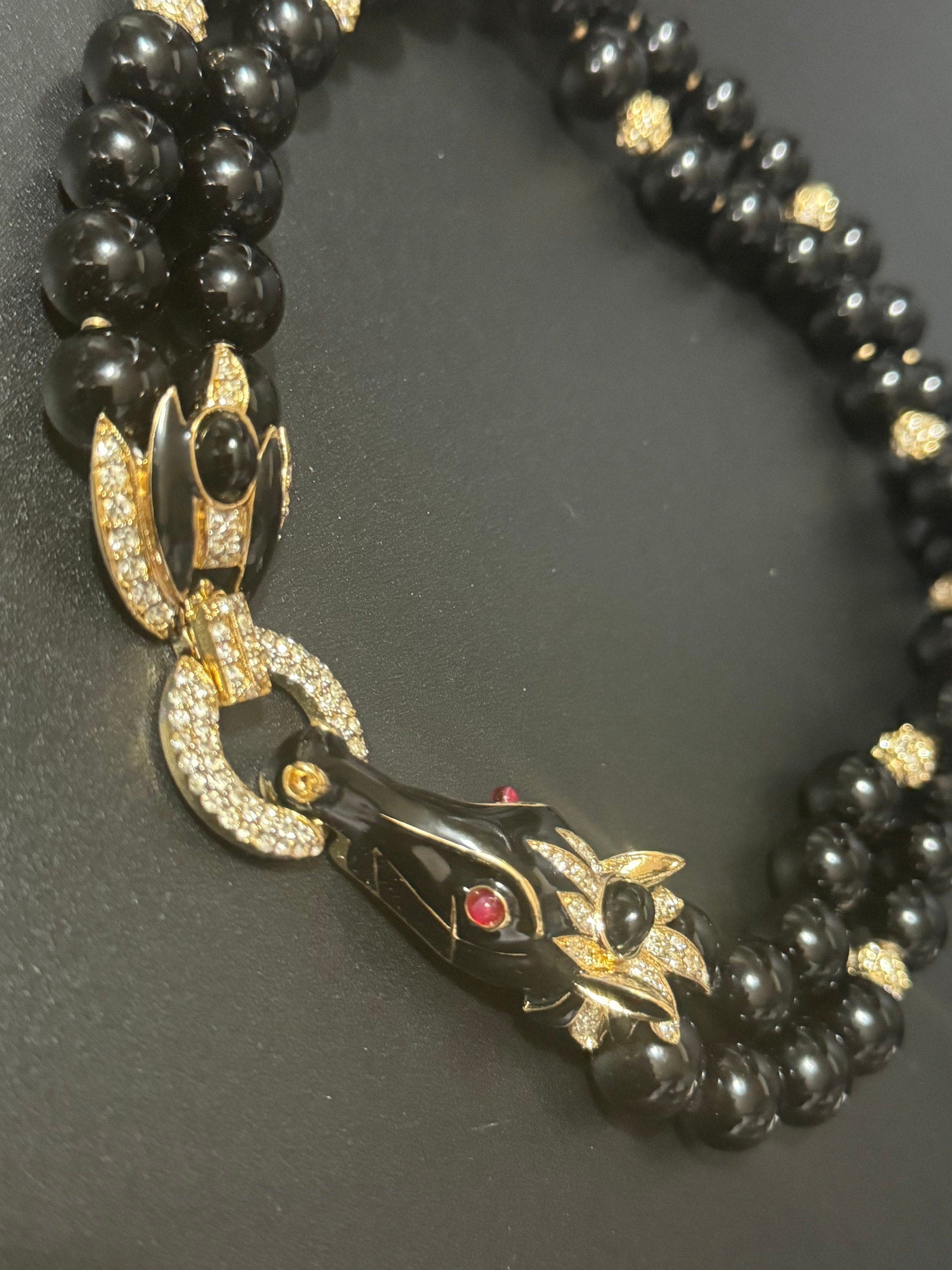 High end horse head black beaded rhinestone and cabochon choker