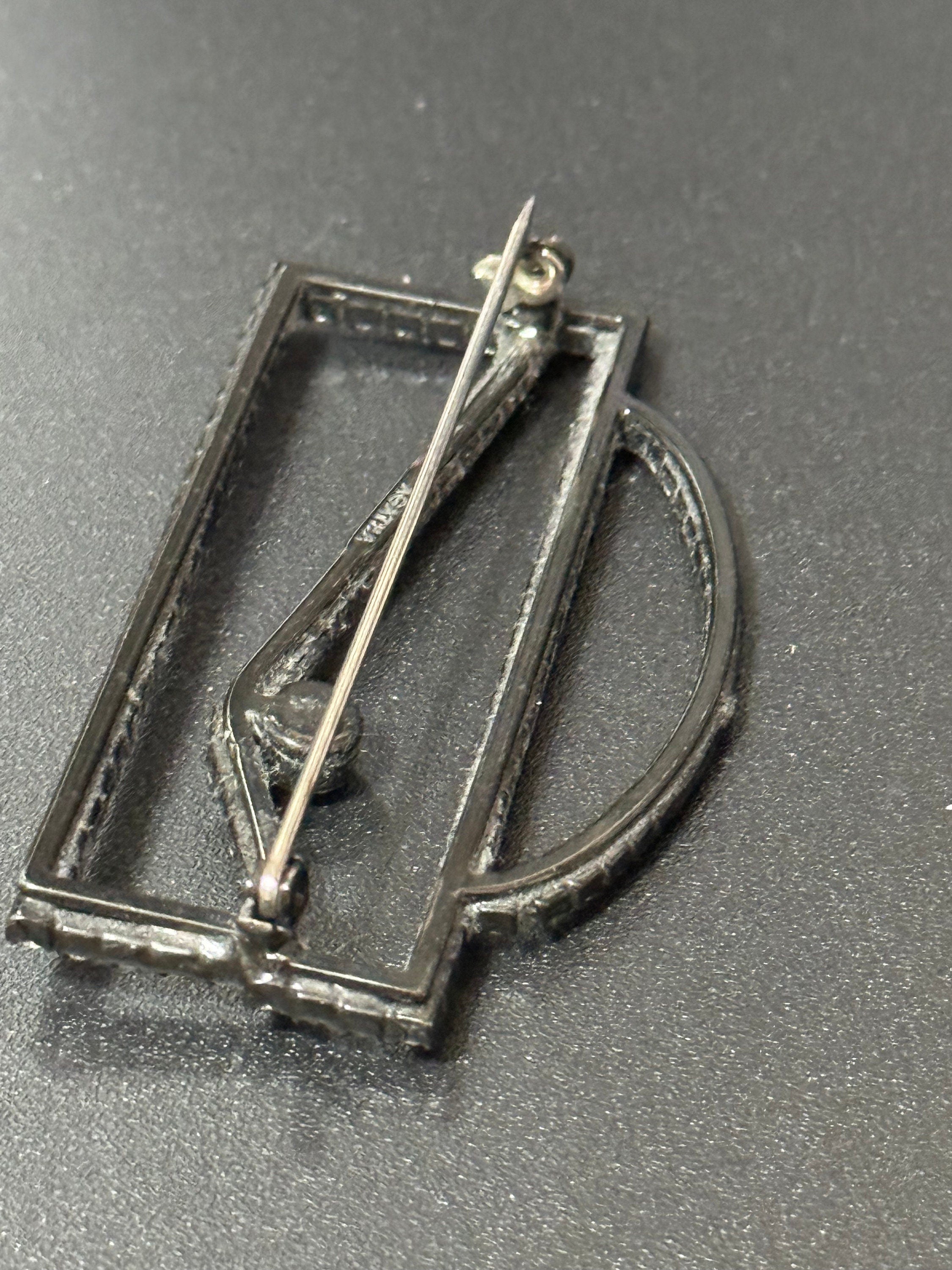 Signed AGATHA Novelty purse handbag brooch black metal with clear diamanté