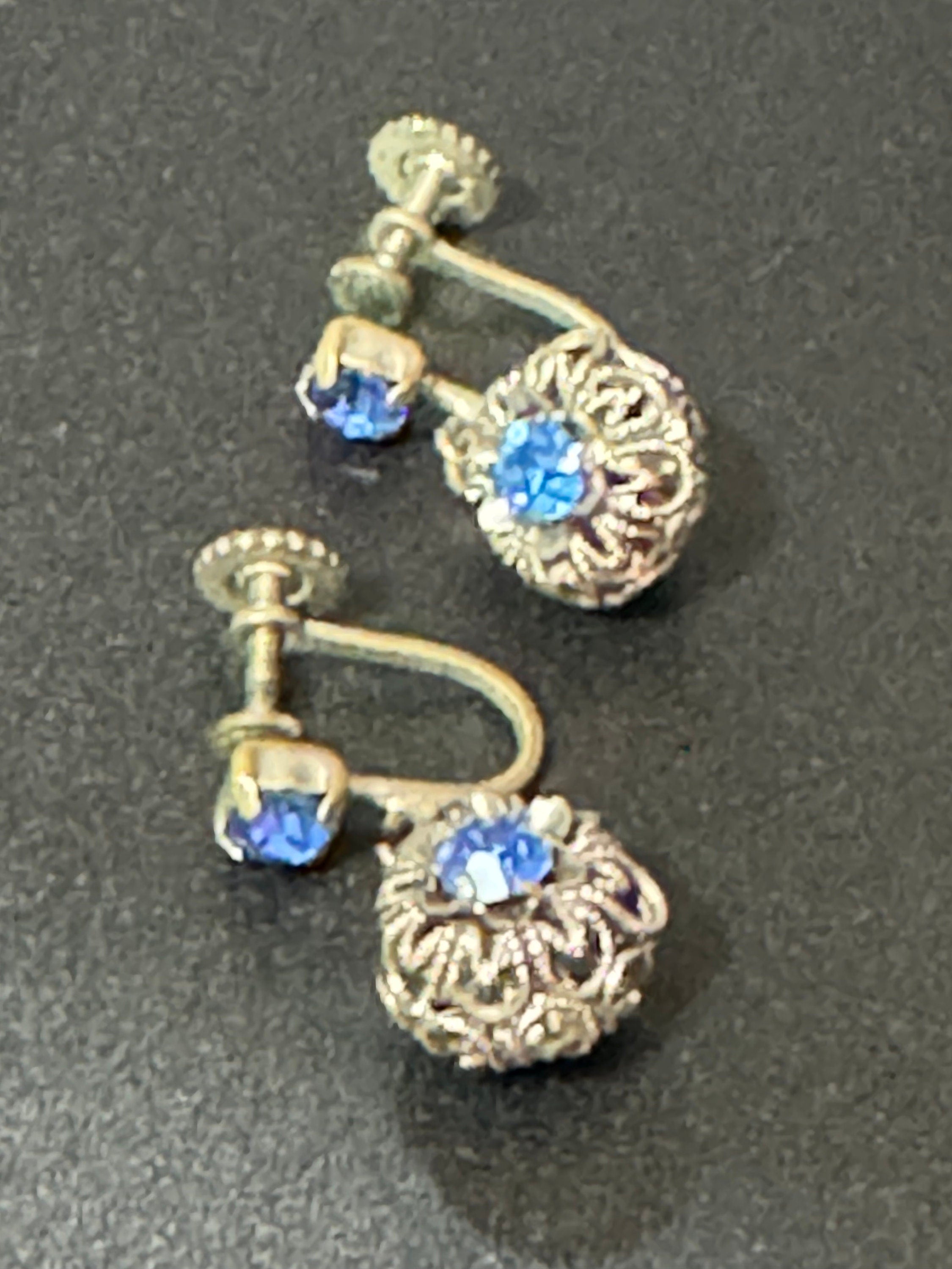 signed west Germany filigree Clip on earrings with sapphire blue paste diamanté