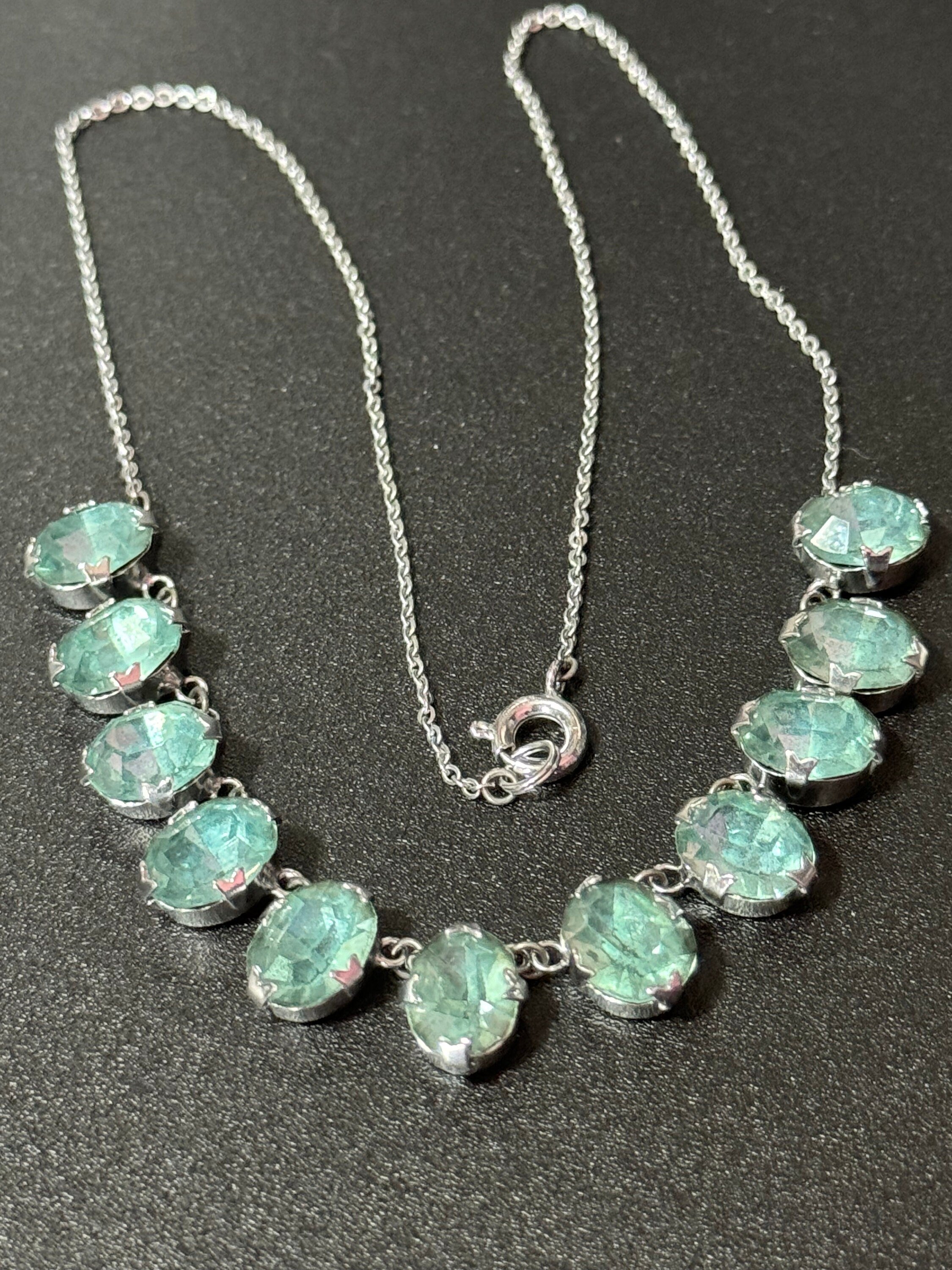 Art Deco foiled open back crystal turquoise blue glass Paste Rhinestone bezel necklace