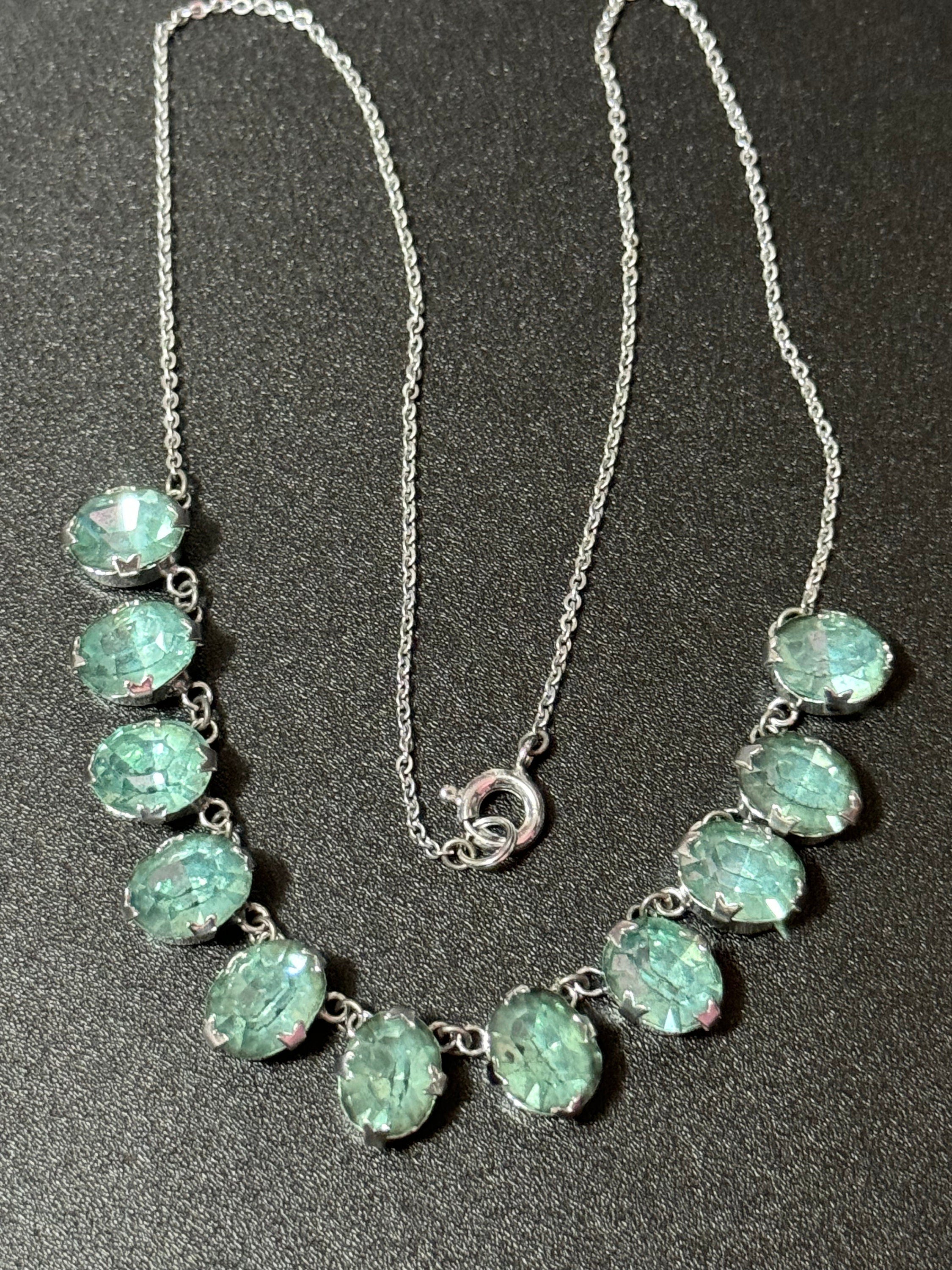 Art Deco foiled open back crystal turquoise blue glass Paste Rhinestone bezel necklace