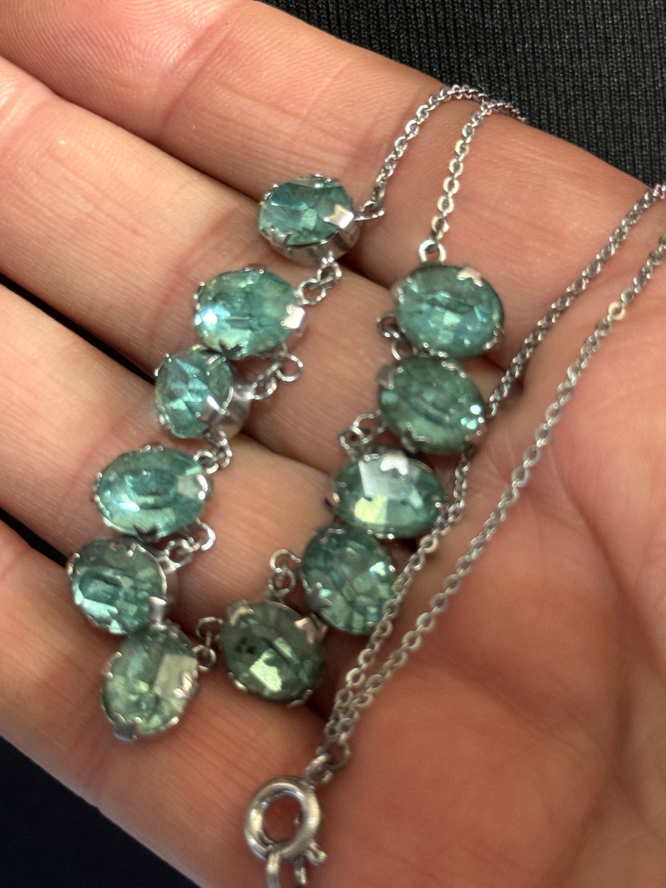 Art Deco foiled open back crystal turquoise blue glass Paste Rhinestone bezel necklace